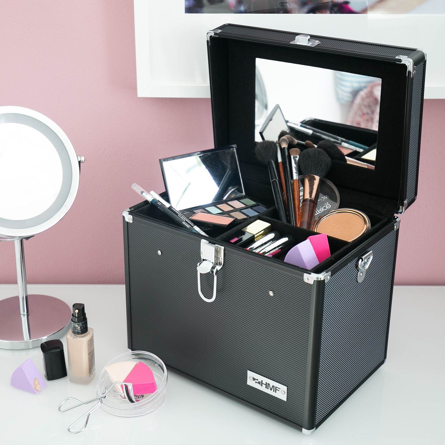 HMF Kosmetikkoffer Beauty Case (4-tlg), Schminkkoffer mit Spiegel, Alu, 29 x 25,5 x 20