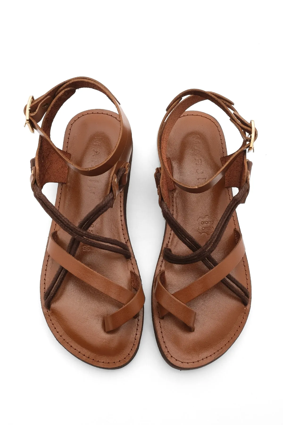 Marjin  Damen-Flip-Flops aus echtem Leder mit Eva-Sohle und gekreuzten Seildetails für den Alltag, Rivade Tan