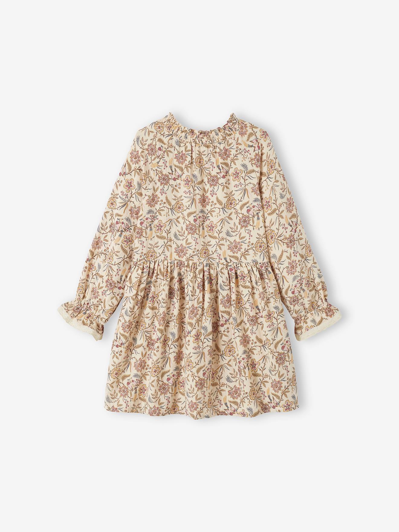 Robe à fleurs en gaze de coton fille beige imprimé
