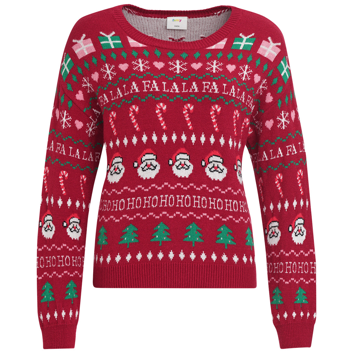 Damen Weihnachtspullover mit Allover-Motiv dunkelrot / grün / weiss