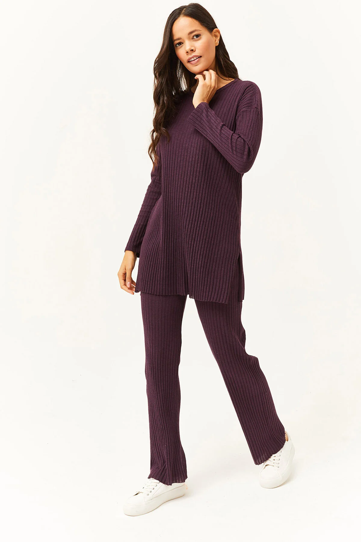 Olalook  Damen Pflaumenfarbenes Oberteil mit Schlitz, Bluse, Unterteil, Palazzo, Kordelzug, Anzug TKM-19000180