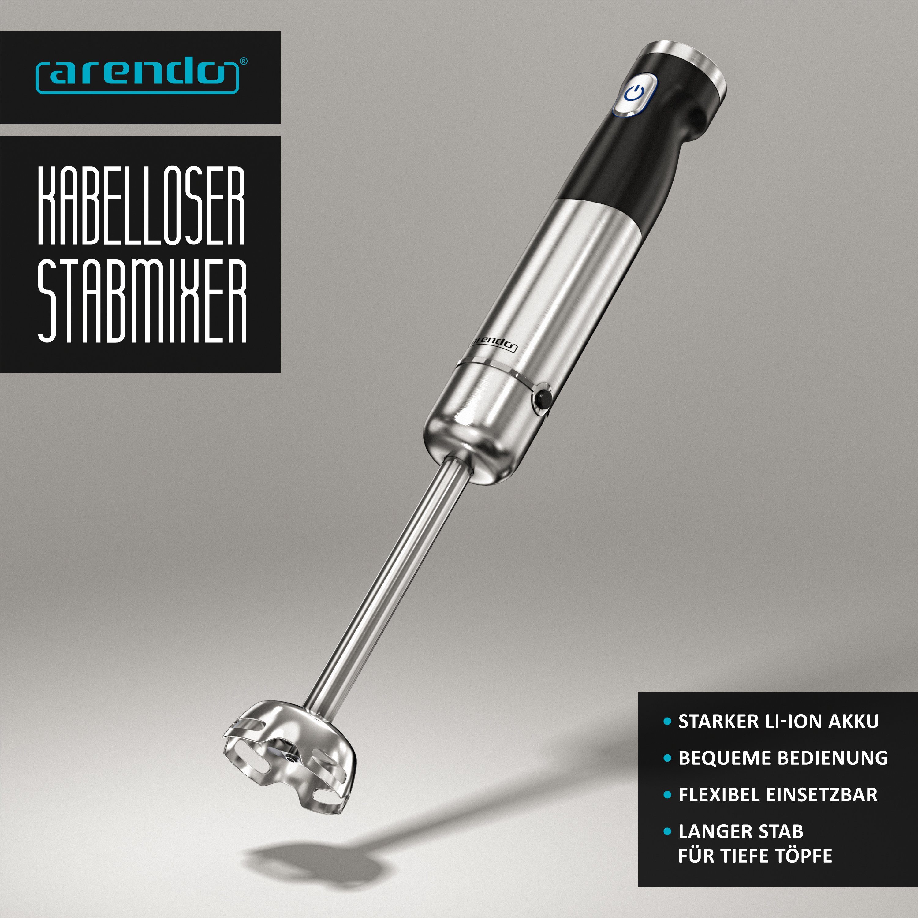 Arendo Stabmixer, 200 W, kabellos, Edelstahl, Pürierstab mit Akku, inkl. 600 ml Messbecher