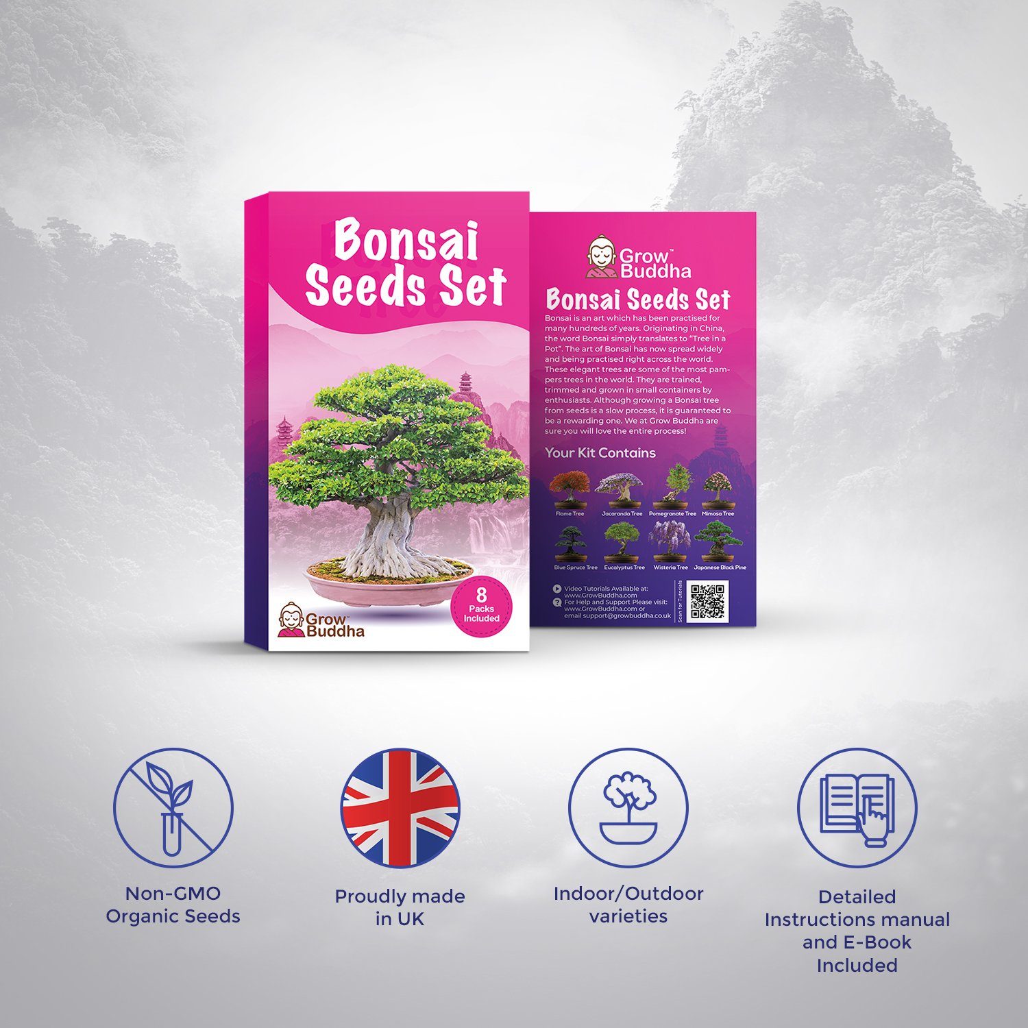 Grow Buddha Blumenerde Samen-Set mit 8 verschiedenen Bonsai-Bäumchen, (1-St)