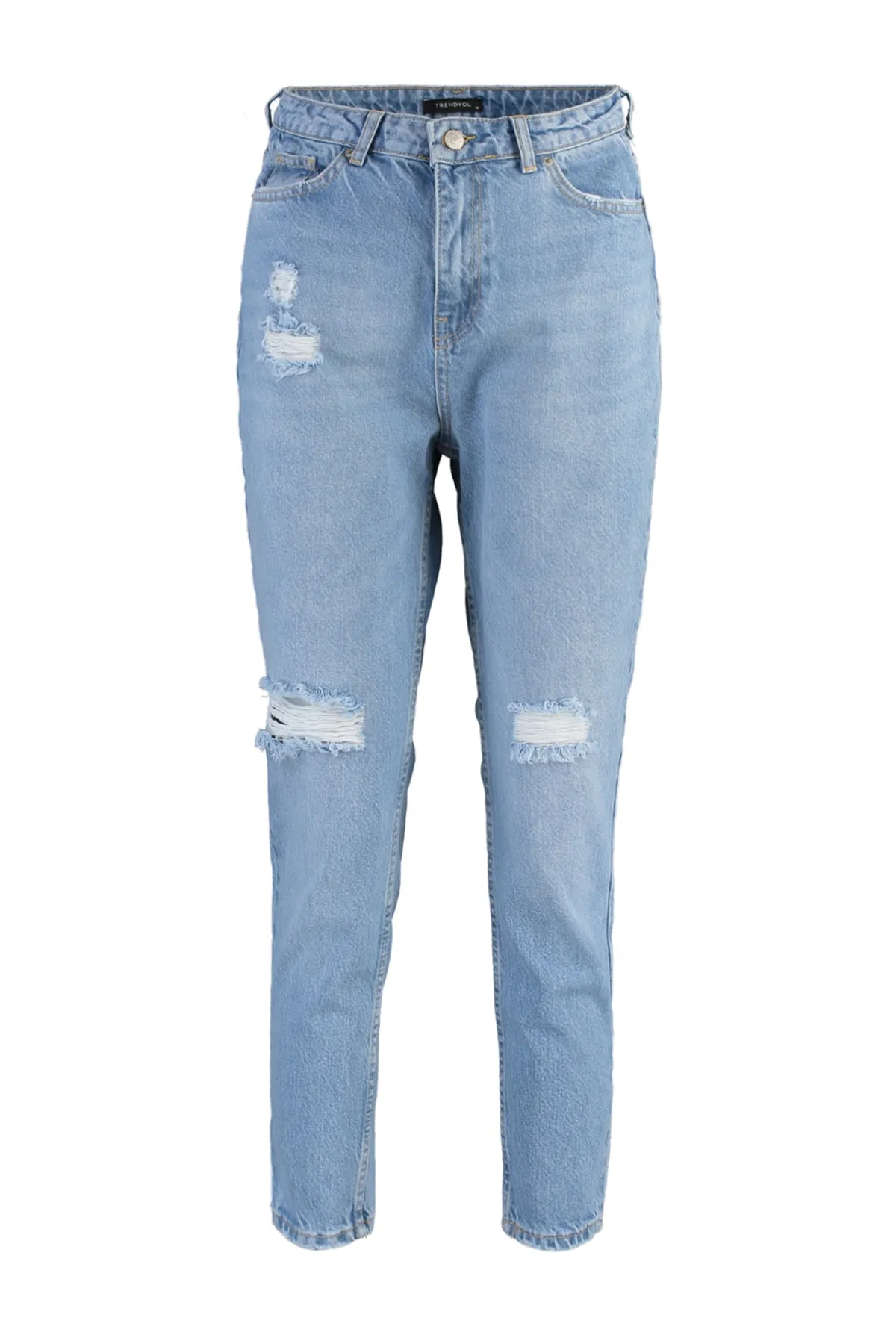 Trendyol Collection  Dunkelblaue Mom-Jeans mit zerrissenem Detail und hoher Taille TWOSS21JE0110
