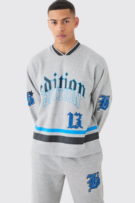 Oversize Sweatshirt-Trainingsanzug mit V-Ausschnitt und Applikation