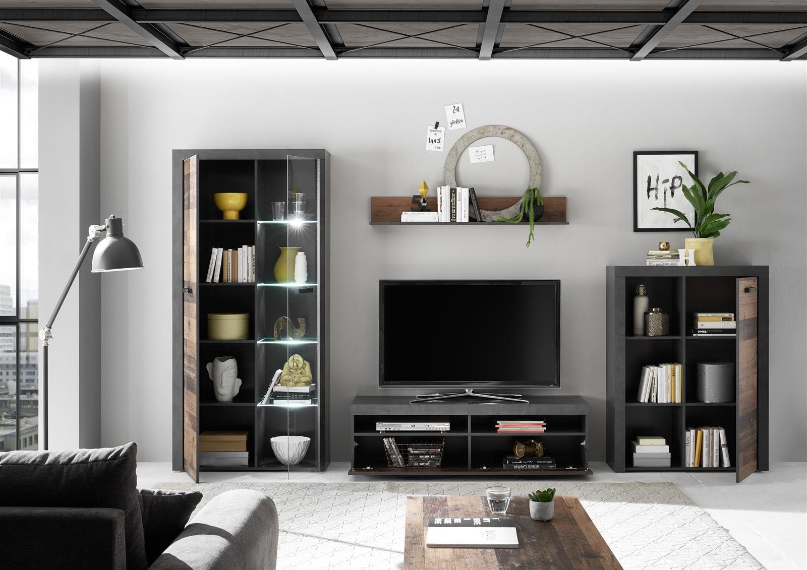 möbelando Wohnwand Johannes, (4-St), Moderne Wohnwand aus Spanplatte, Korpus in Matera, Front in Old Style Dunkel Nachbildung bestehend aus 1 Vitrine, 1 Highboard, 1 TV-Lowboard und 1 Wandboard. LED-Beleuchtung inklusive. Stellmaß ca. Breite 340 cm,