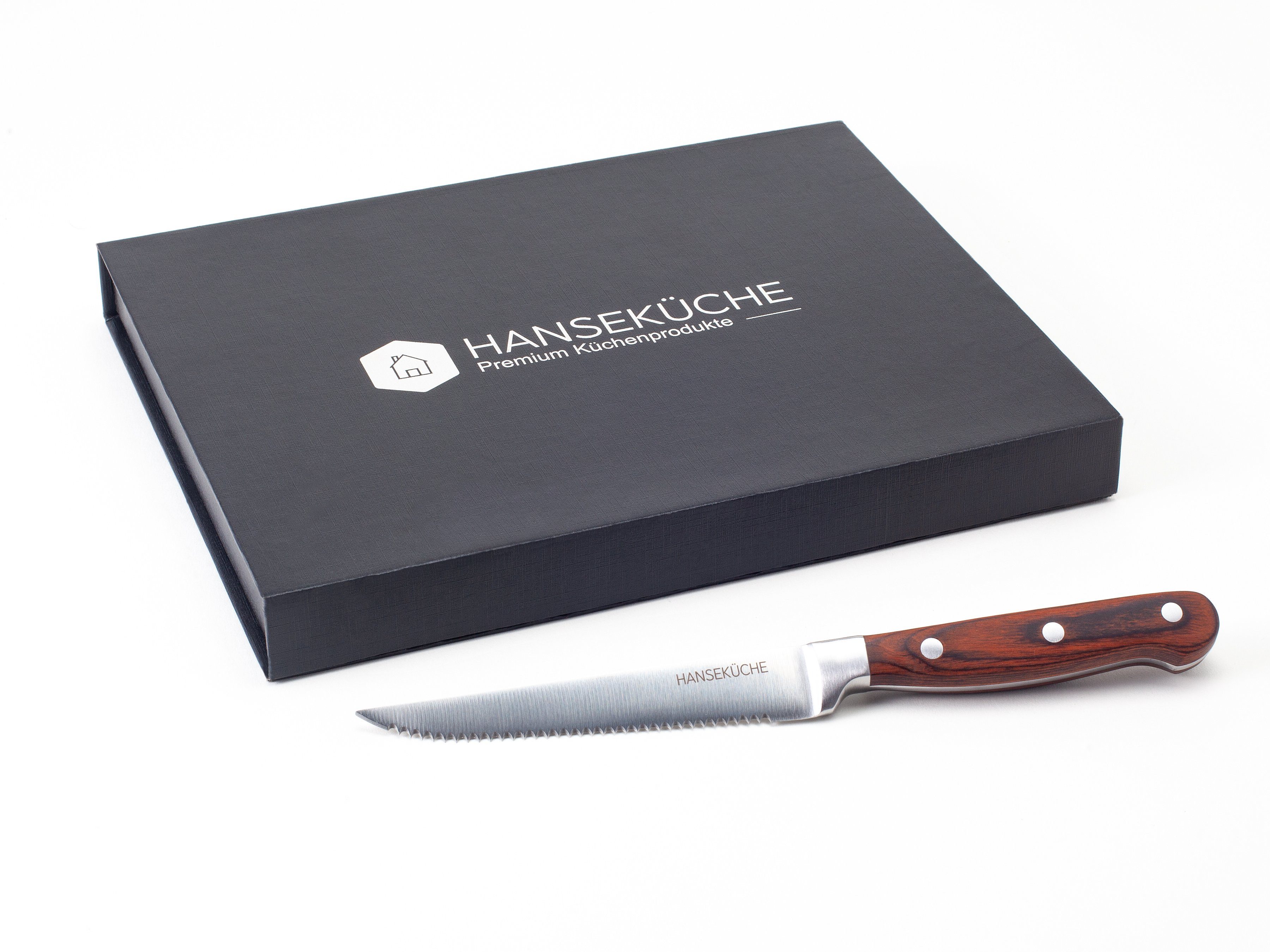 Hanseküche Steakmesser Steakmesser 6er Set – mit Holzgriff (Braun) (6 Stück), Modernes Design, Geschenkbox