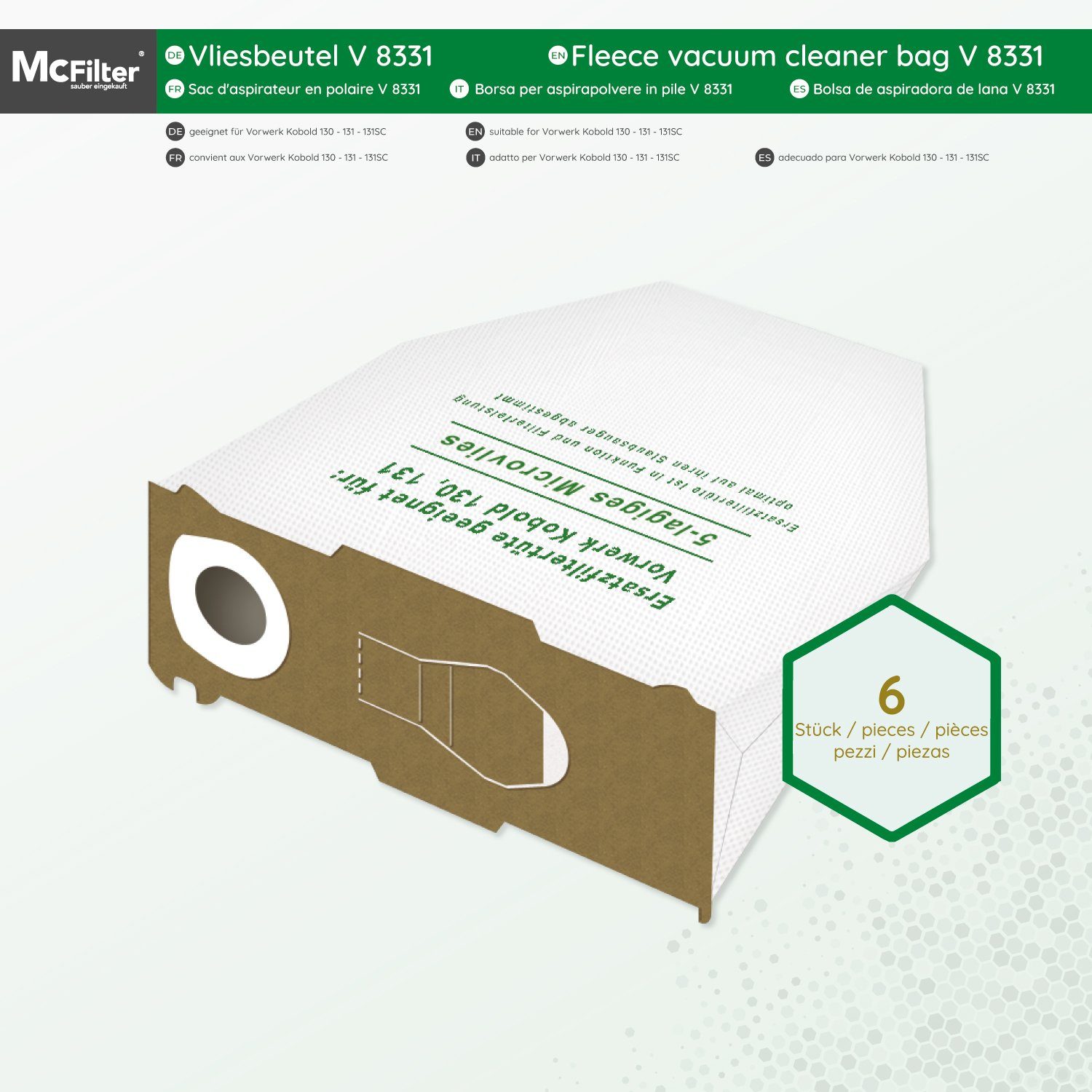 McFilter Staubsaugerbeutel (6 Stück), passend für Vorwerk Kobold VK 130, VK 131 SC, 6 St., mehrlagig, Pappdeckscheibe, inkl. Staubverschluss