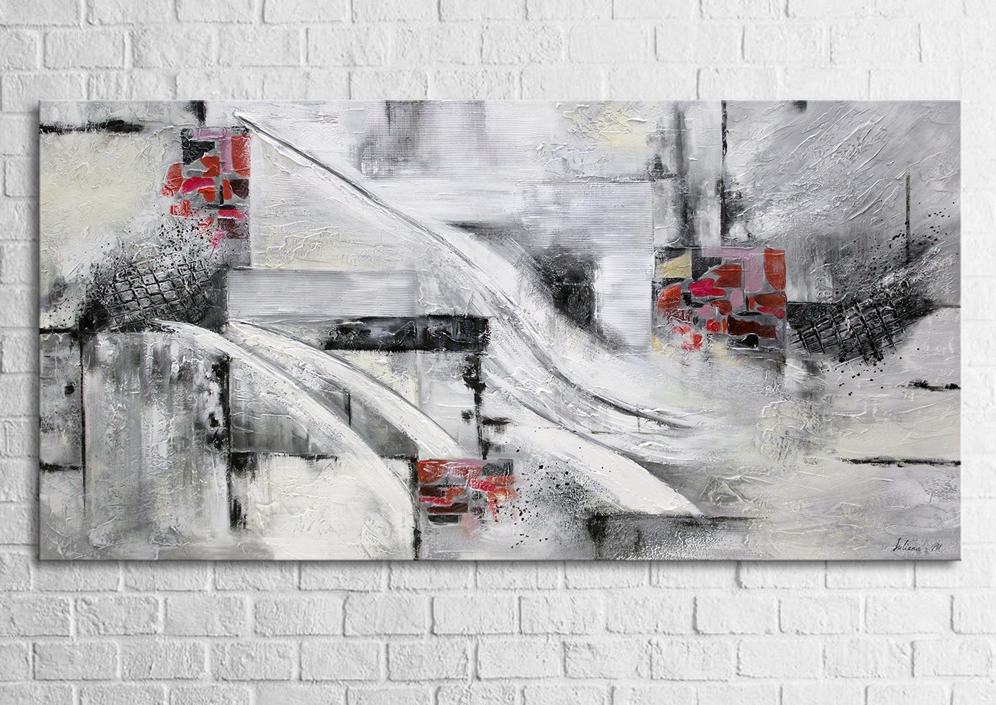 YS-Art Gemälde Abstraktion VII, Abstrakt, Abstraktes auf Leinwand Bild Handgemalt in Rot Schwarz Grau