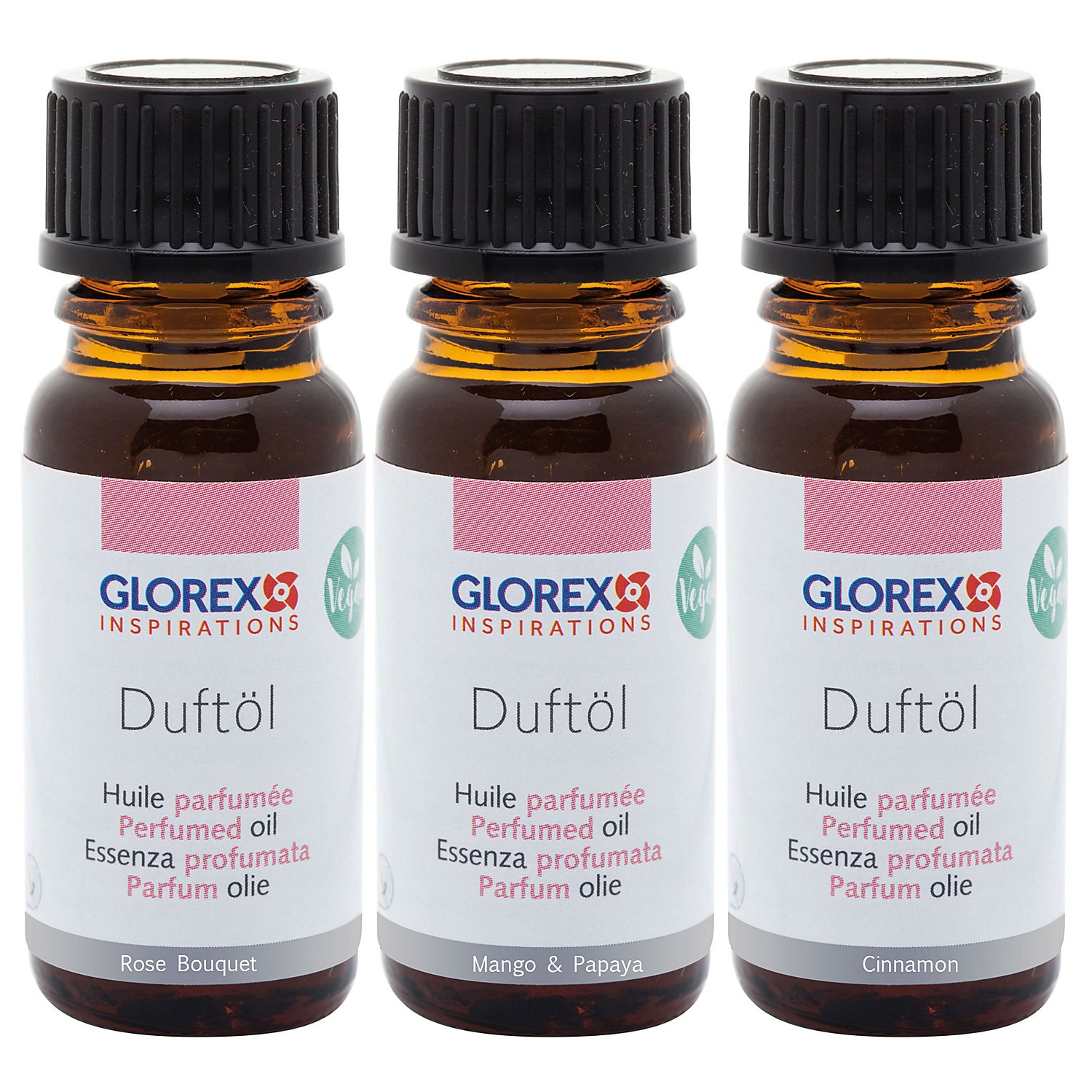 Seifenduftöl-Set, Rose, Cinnamon, Mango/Papaya, 3x 10 ml