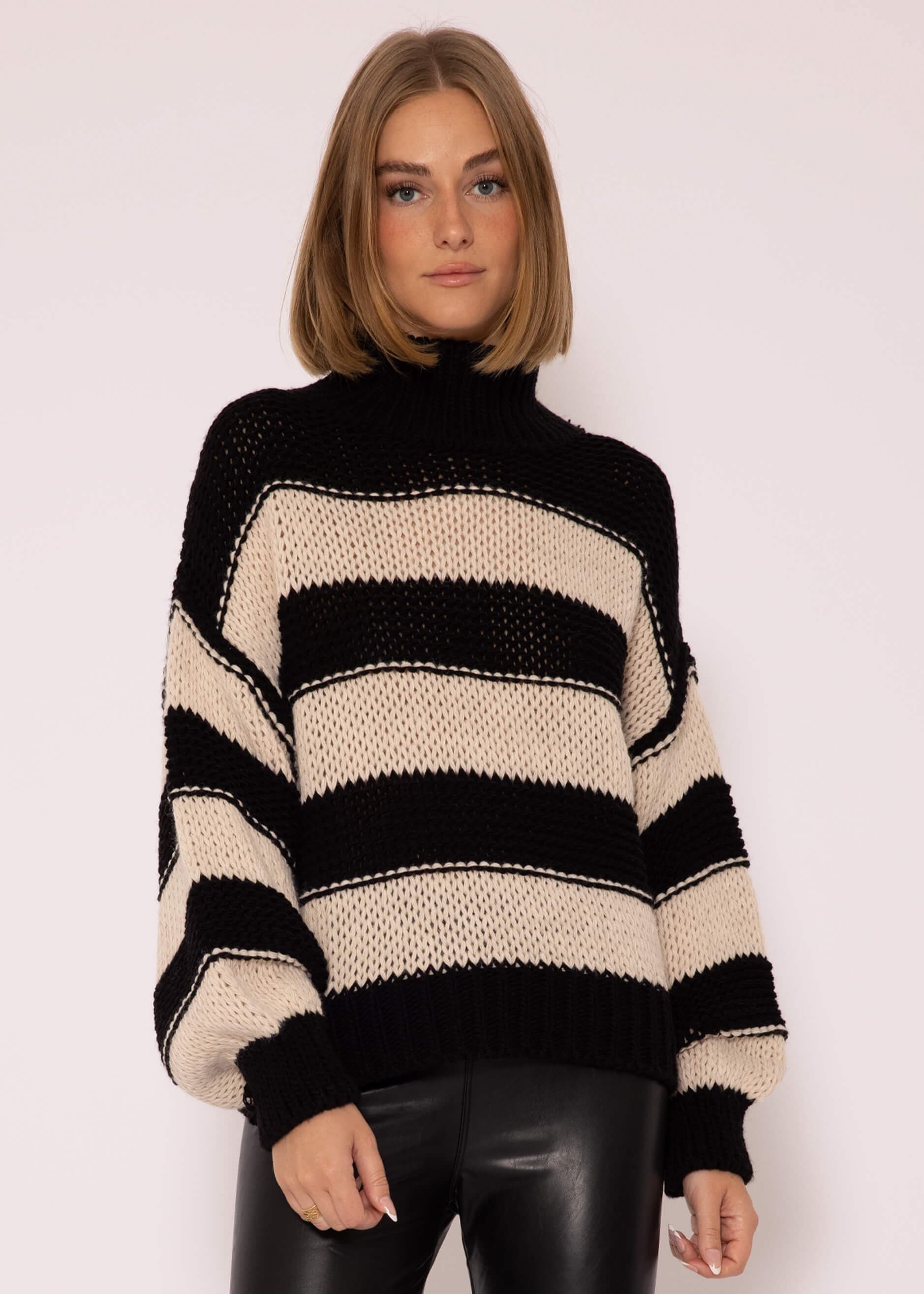 SASSYCLASSY Rollkragenpullover Rollkragen Pullover Damen mit Streifen Rollkragenpullover mit Blockstreifen Strickpullover mit Rollkragen