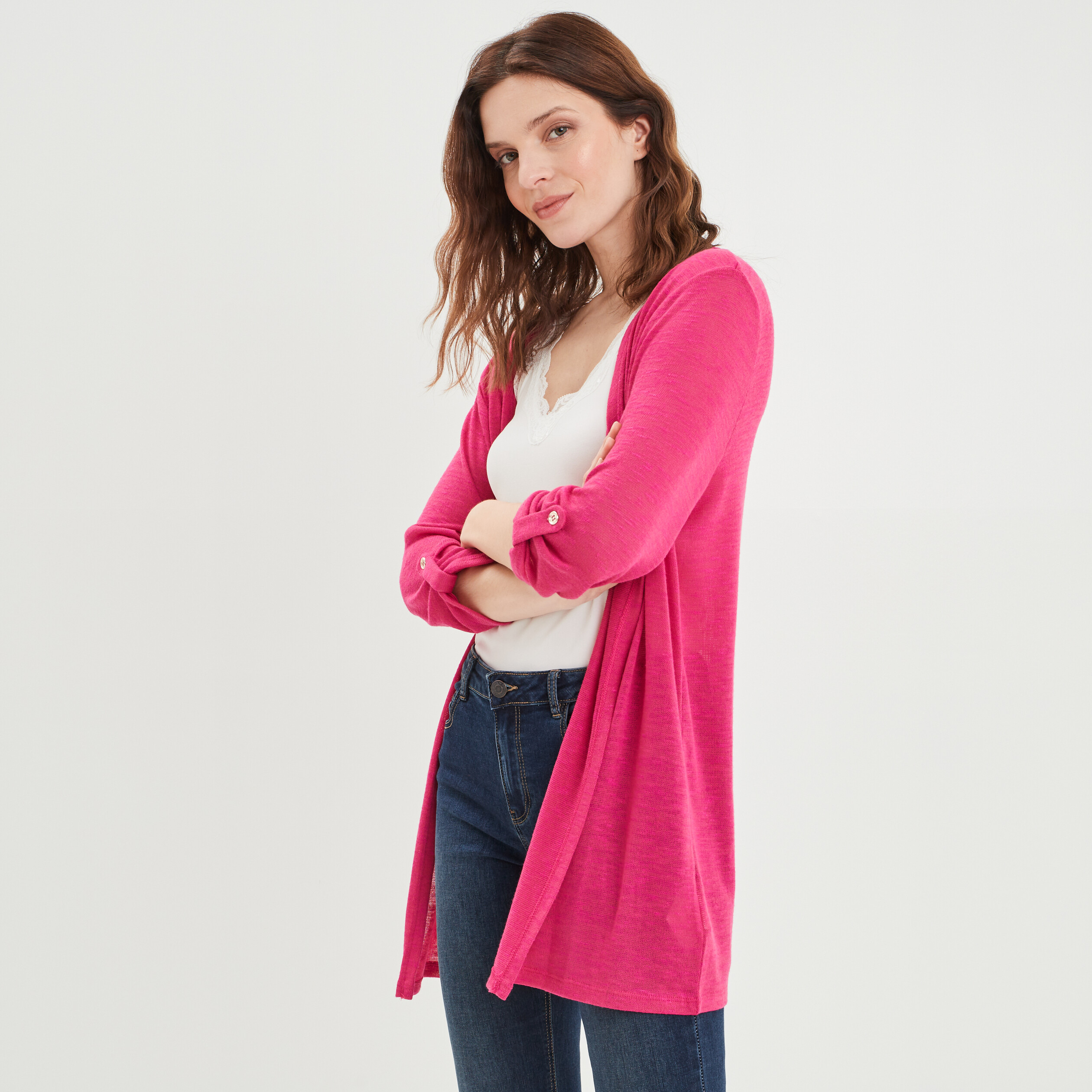 Gilet manches 3 4 rose fushia femme | La Halle