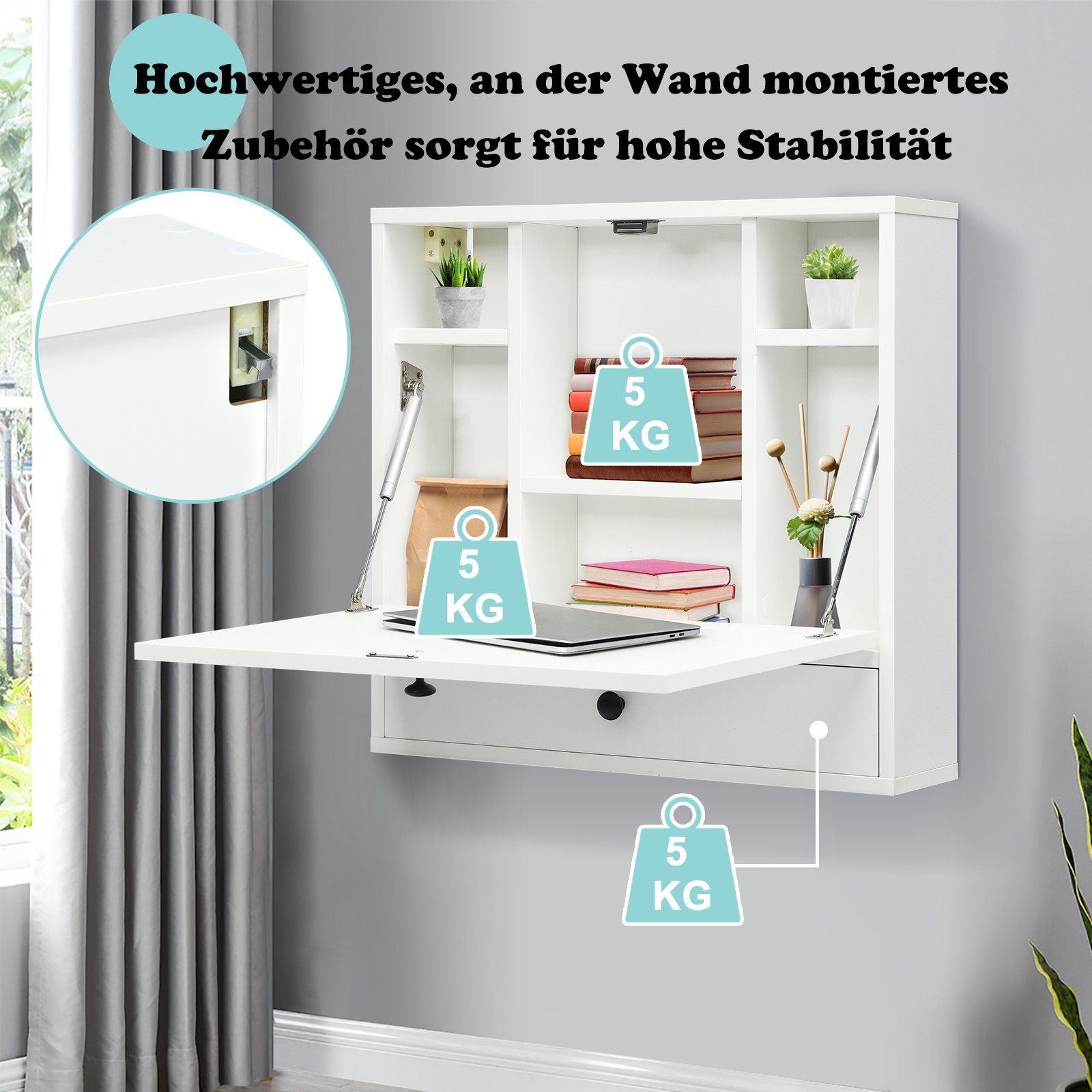 COSTWAY Klapptisch, Wandklapptisch mit Ablagefächern & Schublade