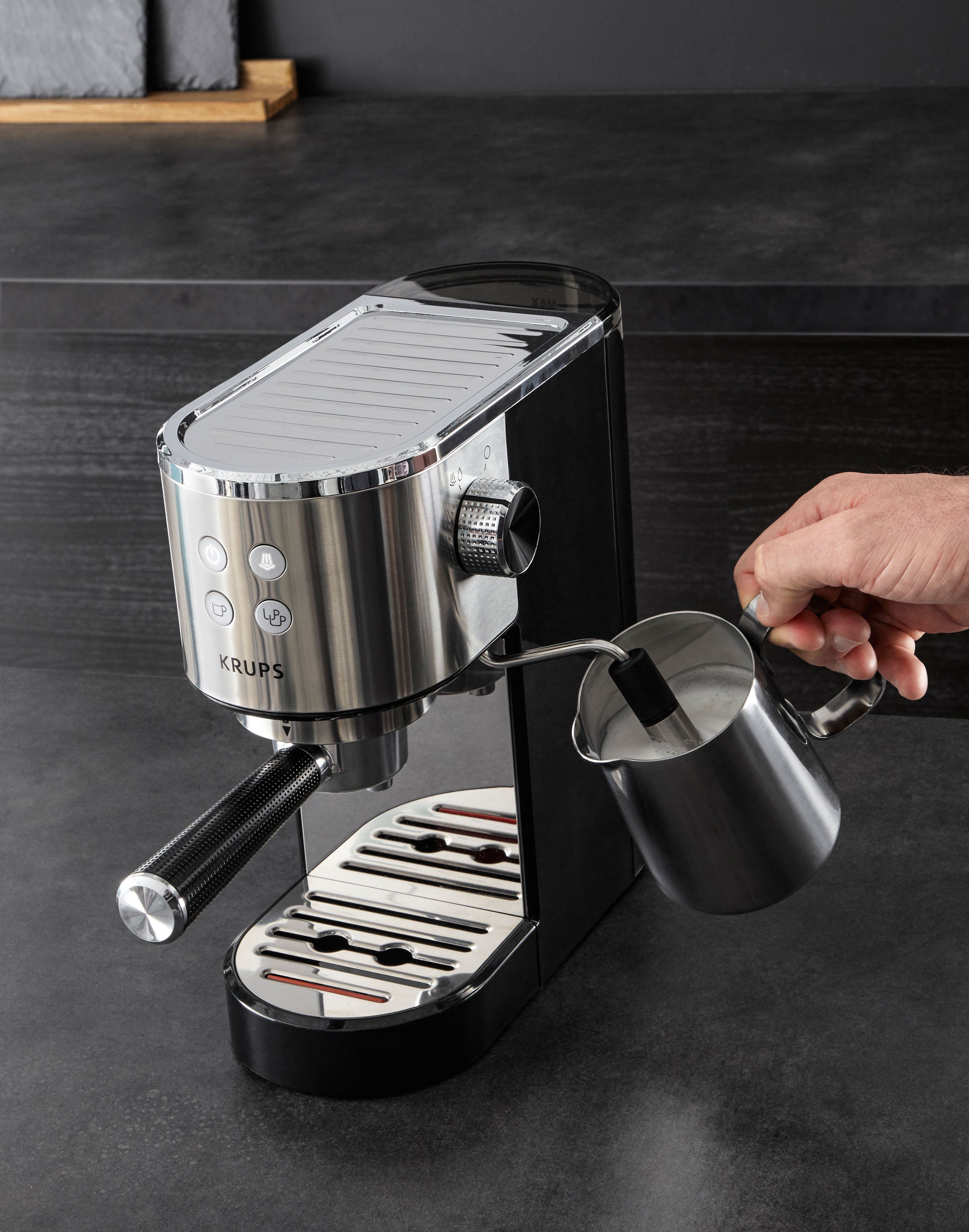 Krups Siebträgermaschine XP442C Virtuoso, integrierter Tassenwärmer, automatische Abschaltung, 2-Tassen Funktion