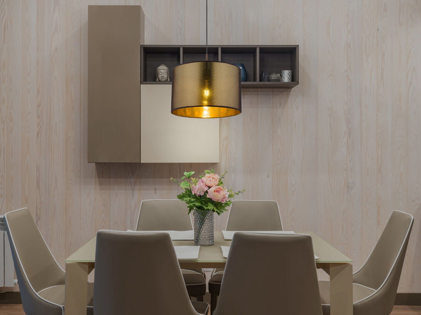 meineWunschleuchte LED Pendelleuchte, LED wechselbar, warmweiß, Designer-lampen Treppenhaus Esstisch Lampenschirme Stoff Golden, Ø40cm
