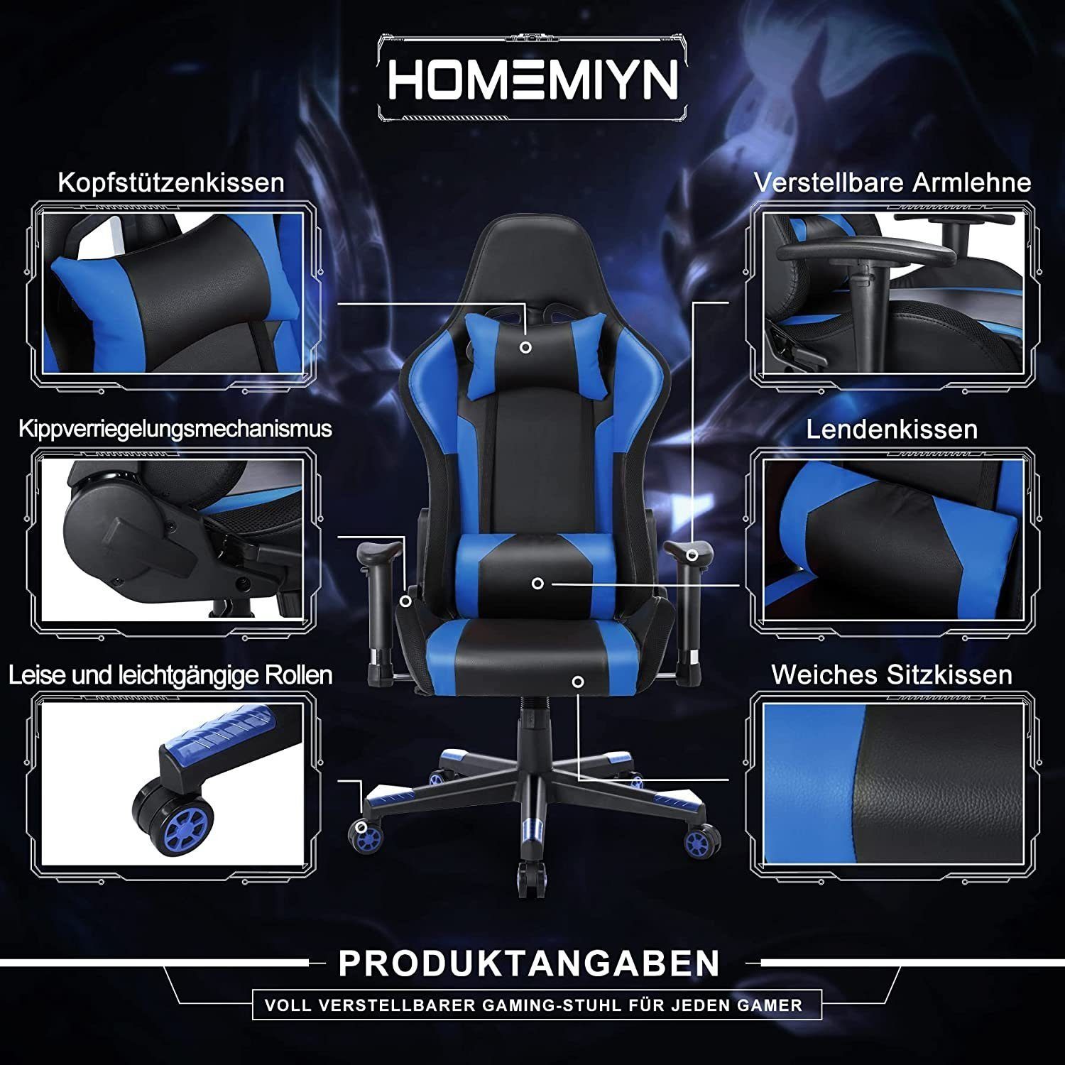 HomeMiYN Gaming Chair Gaming Stuhl Lautsprechern LED-Leuchten ergonomischer Bürostuhl Hoher