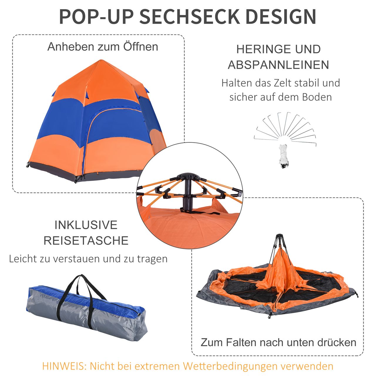 Outsunny Quick-Up-Zelt Campingzelt Doppelwandig Familienzelt für 4–6 Personen