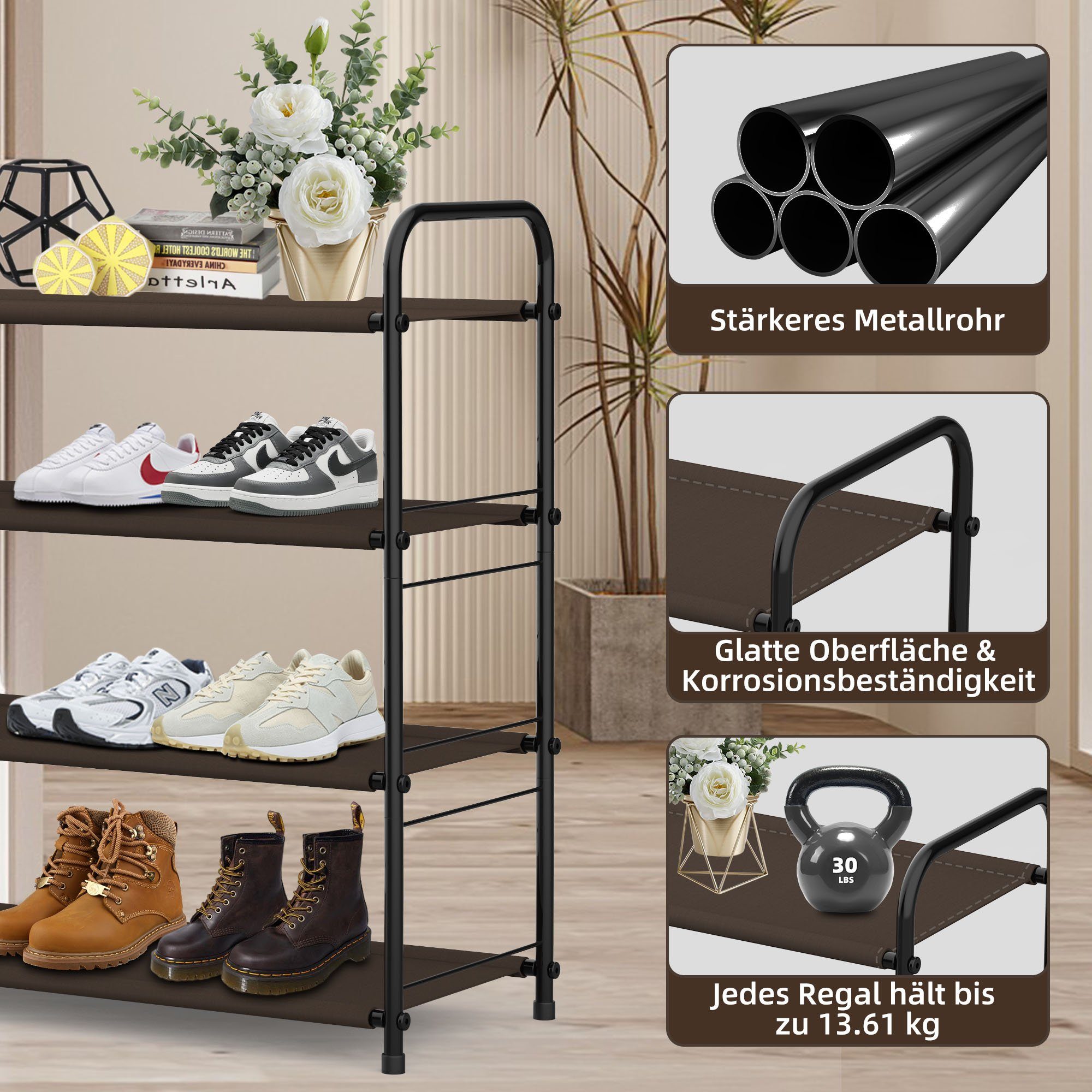 NEFOSO Schuhschrank 4-stöckiges, Metall Schuhregal, Stapelbares und ausziehbares, braun 600D Oxford-Gewebe, Hauseingang Schuhregal Stecksystem, 68x29x65cm