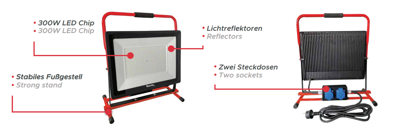 BOXTEC LED Arbeitsleuchte, Baustrahler, PRO-LINE FIXSTAND 300W, 24000lm, 6500K, IP54, 2 Steckdosen