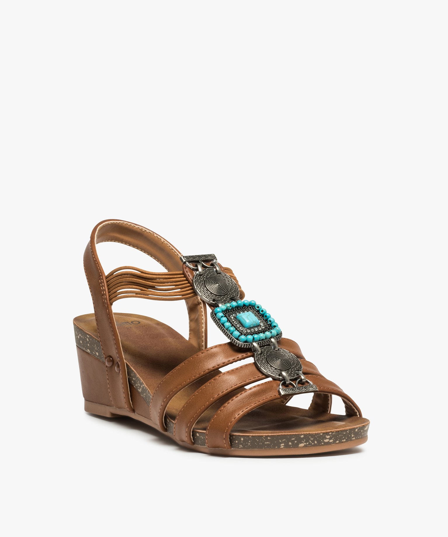 Sandales femme à talon dessus uni orné de perles et métal camel | GEMO