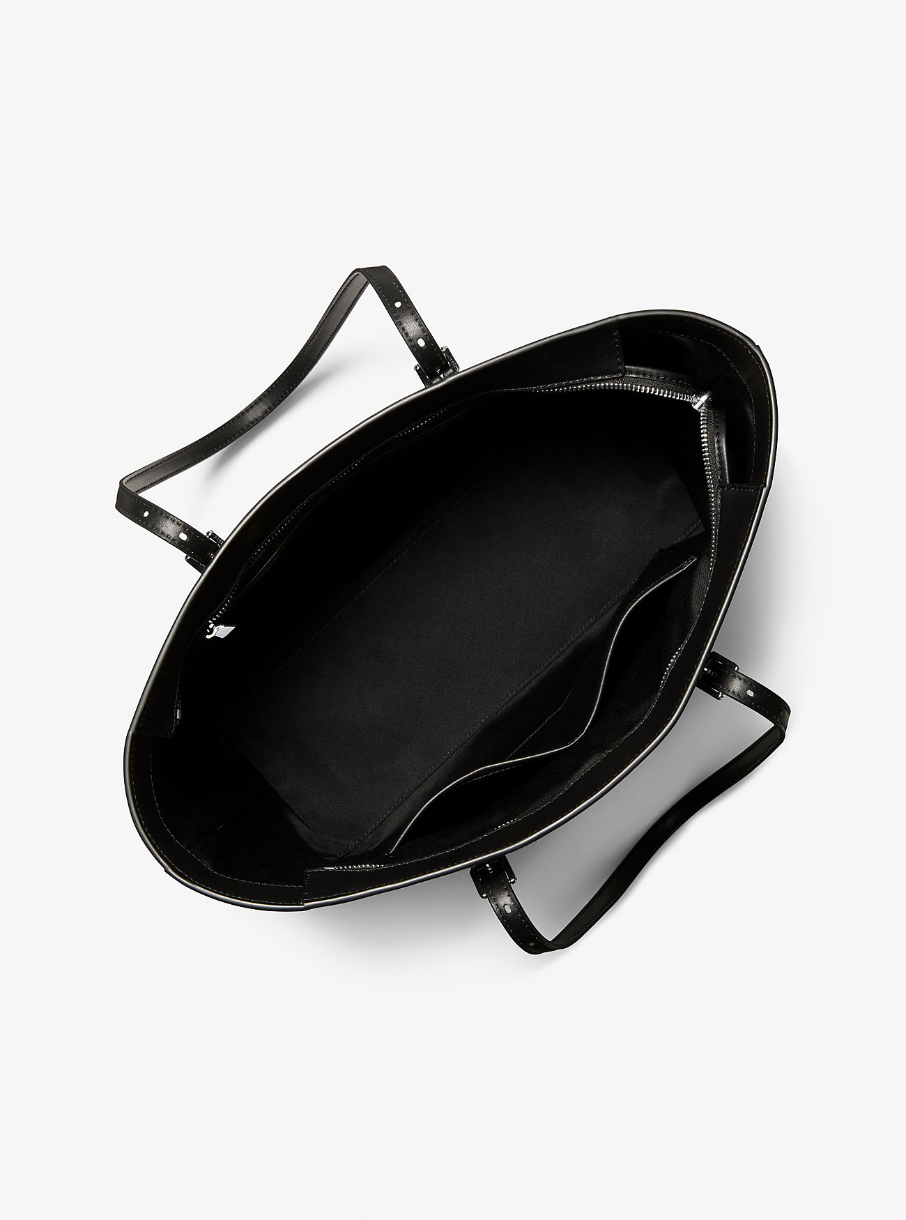 Quinn stor metallisk handleveske med signaturlogo – SVART