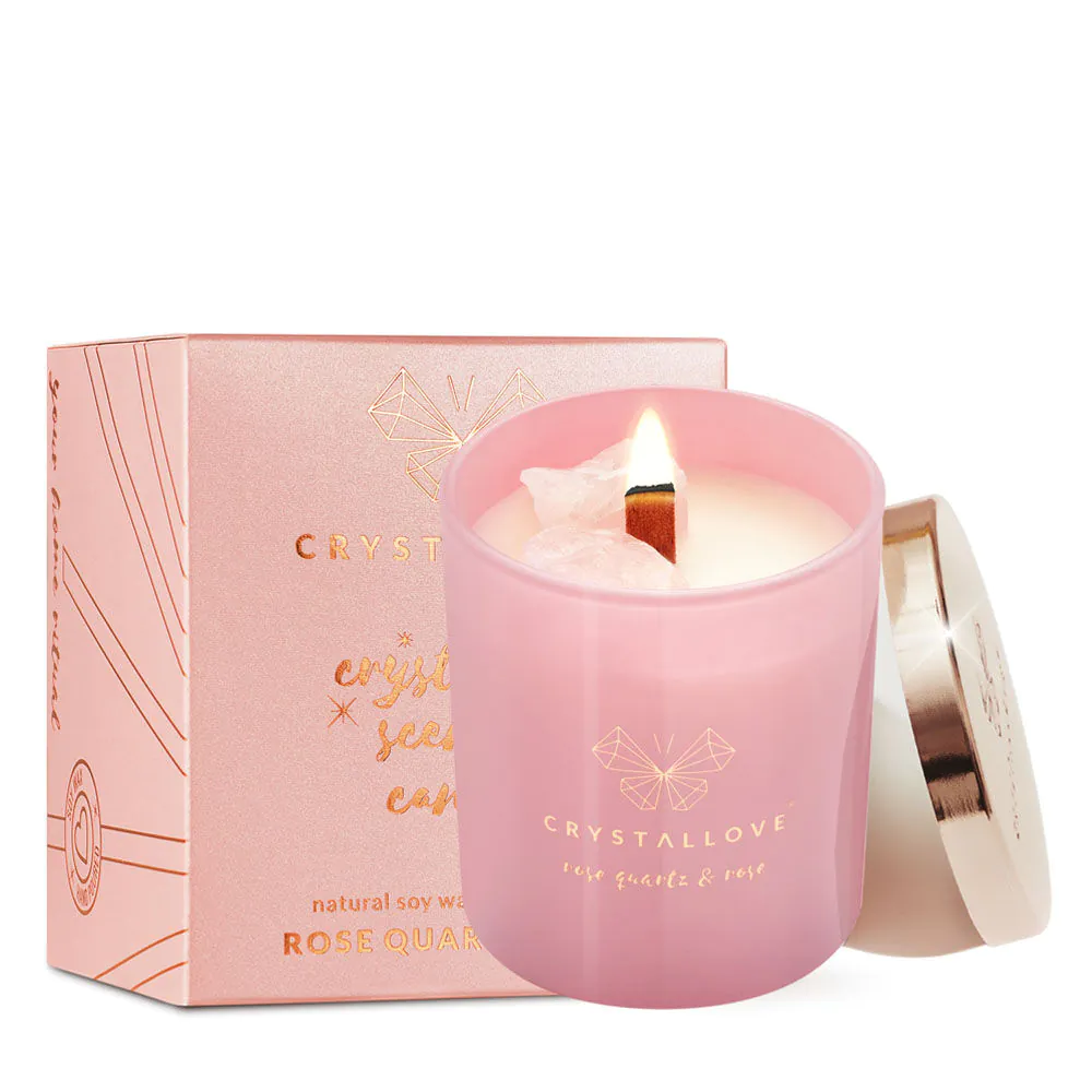 Vela de soja Crystallove com quartzo rosa e rosa