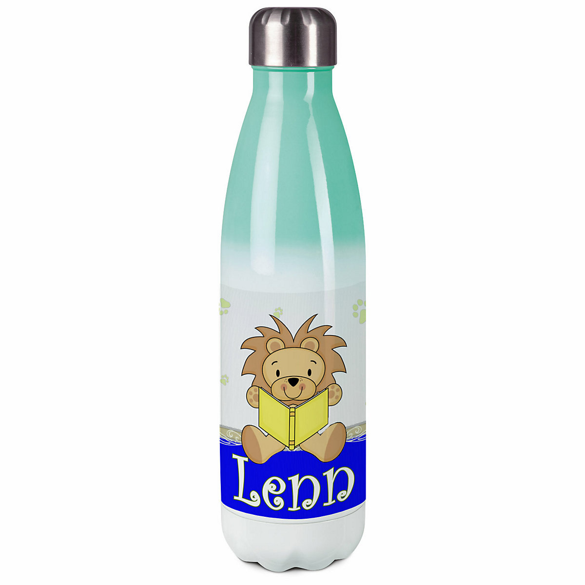 Edelstahl Kinder Thermoflasche / Trinkflasche bunt Leselöwe Farbe blau Spülmaschinenfest, Auslaufsicher, Bruchfest, Doppelwandig, Für Heißgetränke geeignet, Mit Deckel, Isoliert
