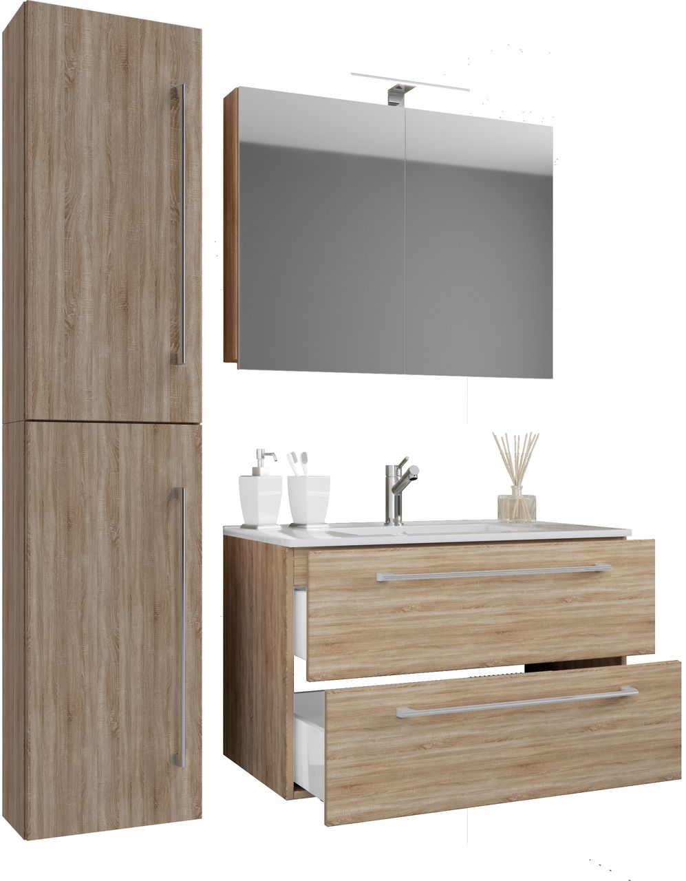 VCM Waschplatz Badinos 80 cm Spiegelschrank & Hochschrank 4-tlg. Sonoma-Eiche
