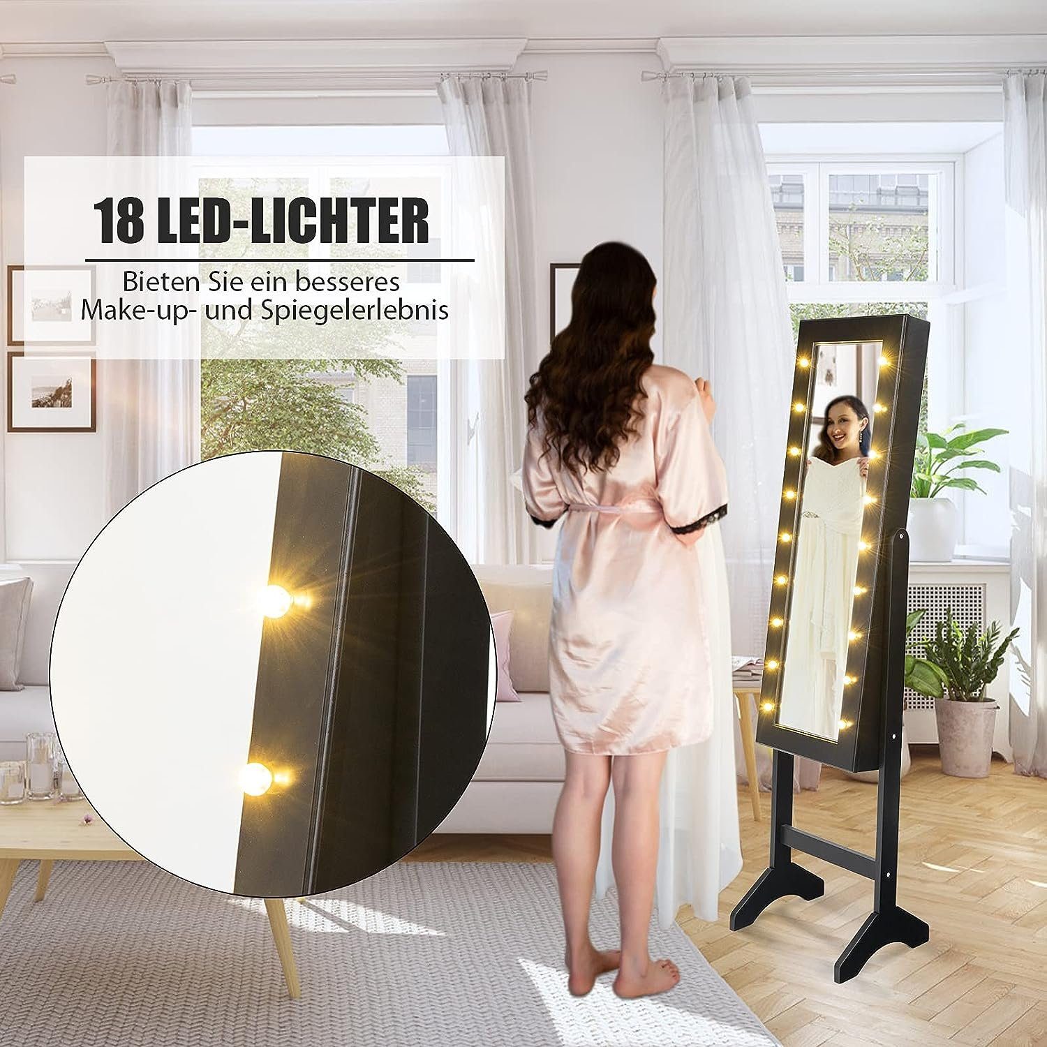 KOMFOTTEU Schmuckschrank mit 2 Spiegel stehend, mit LED, schwarz