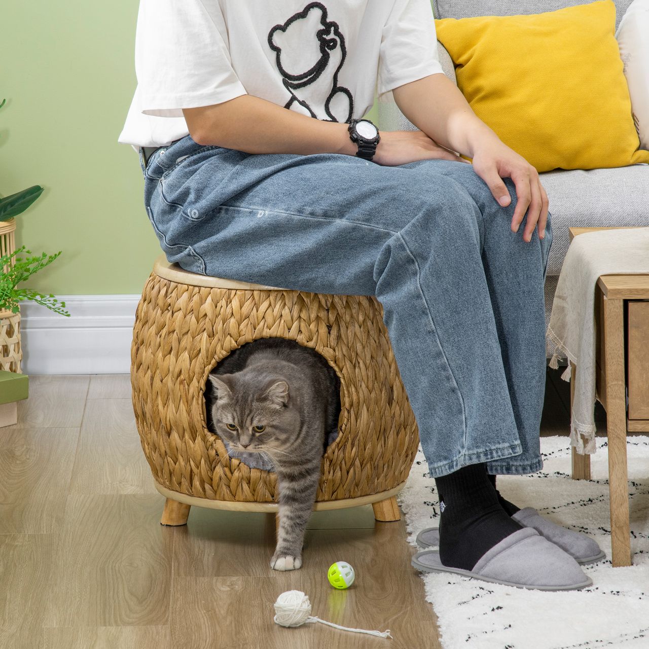 PawHut Katzenhöhle aus Rattan 2-in-1 Design Katzenkorb mit Kissen Katzenhütte