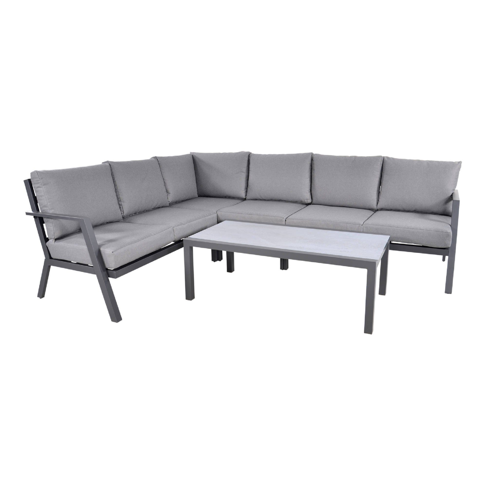 GMD Living Eckbankgruppe MARAH, (Eckbank Loungeset, 5-tlg., bestehend aus 3 Sofas, 1 Eckteil & 1 Tisch inkl. Polsterkissen), 5mm Glastischplatte in Keramikoptik, otudoorgeeignet