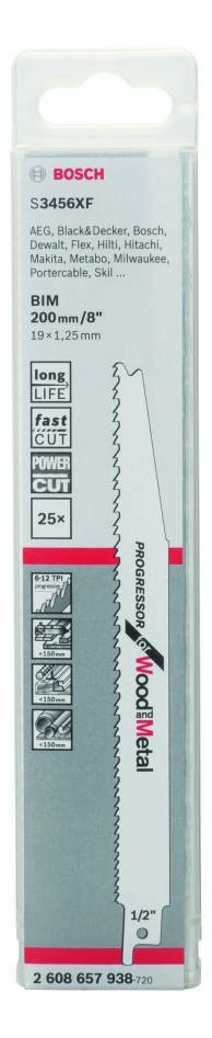 Accessoires Bosch bleus 2608657938 S3456XF Lame de scie alternative progressive pour bois et métal 200 mm, lot de 25
