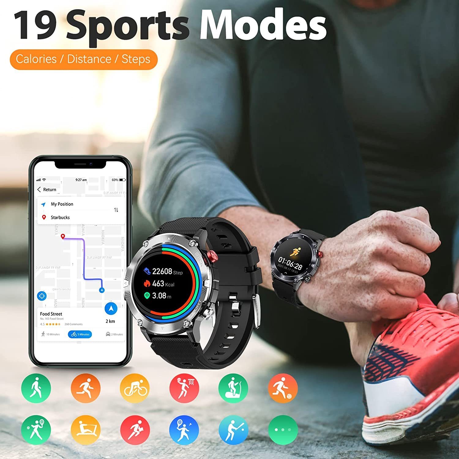 Manike C21 AMOLED Smartwatch (4,3 cm/1,69'' HD Voll Touchscreen Zoll) Spar - Set, mit wechselband aus weichem Silikon und Ladenkabel, Herzfrequenzmesser, Analyse von EKG-Daten, Blutdruckmessgerät