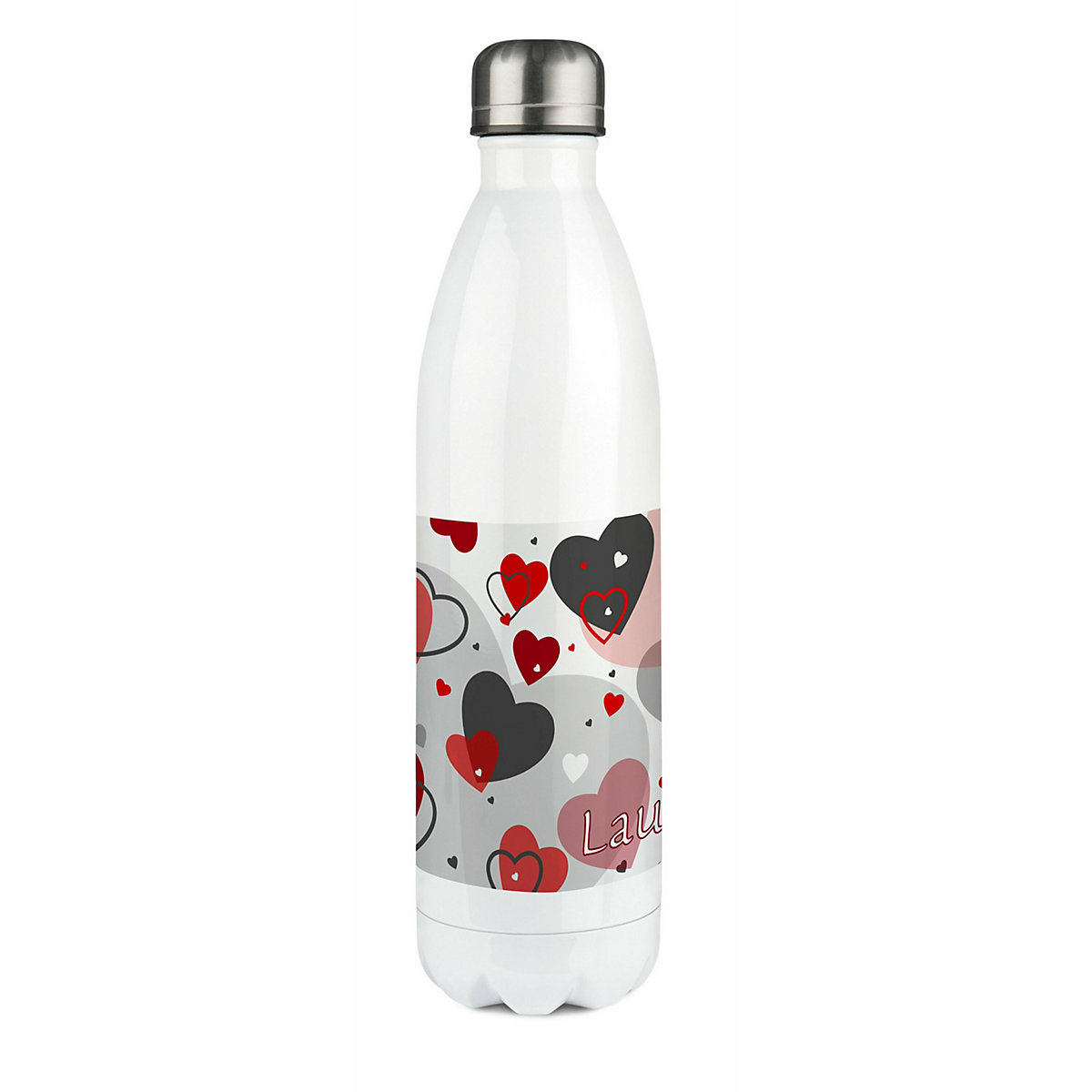 Edelstahl Kinder Thermoflasche / Trinkflasche bunt Herz Farbe rot grau Spülmaschinenfest, Auslaufsicher, Bruchfest, Doppelwandig, Für Heißgetränke geeignet, Mit Deckel, Isoliert