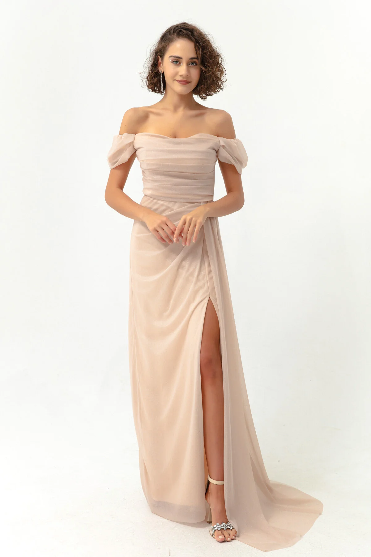 Lafaba  Damen-Abendkleid in Beige mit U-Boot-Ausschnitt, drapiertem Schlitz, langes Glitzer-Abendkleid