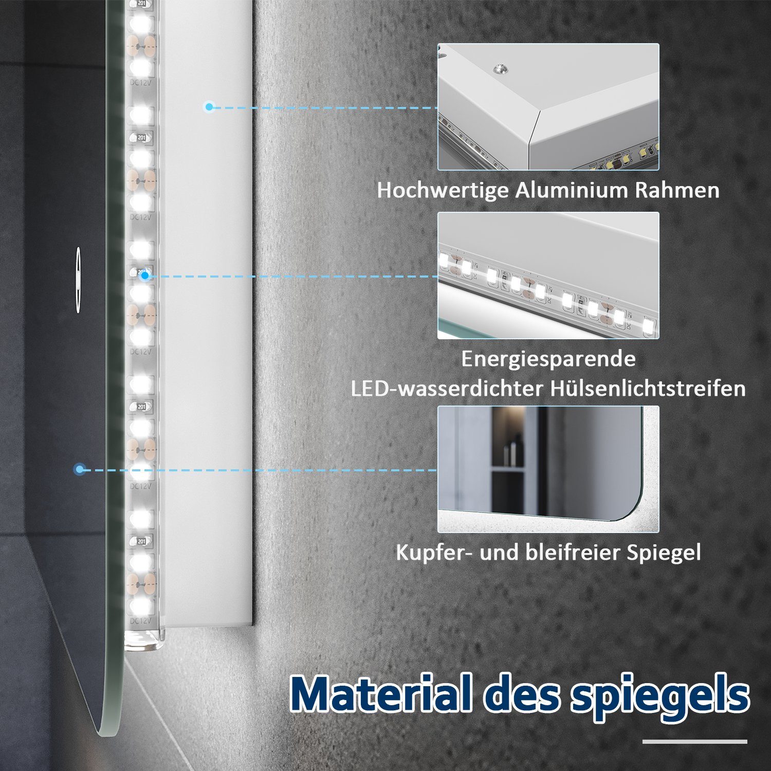 SONNI Badspiegel mit Beleuchtung Led Spiegel 70 x 50 cm mit Touch-Schalter Lichtspiegel, LED Spiegel Kosmetikspiegel Badezimmer Kaltweiß IP44 energiesparend