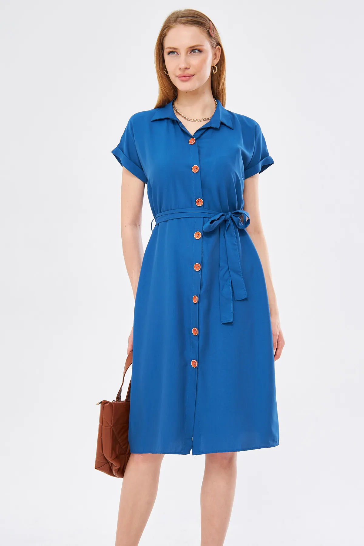 armonika  Dunkelblaues Kurzarm-Hemdkleid mit Gürtel für Damen ARM-19Y001068