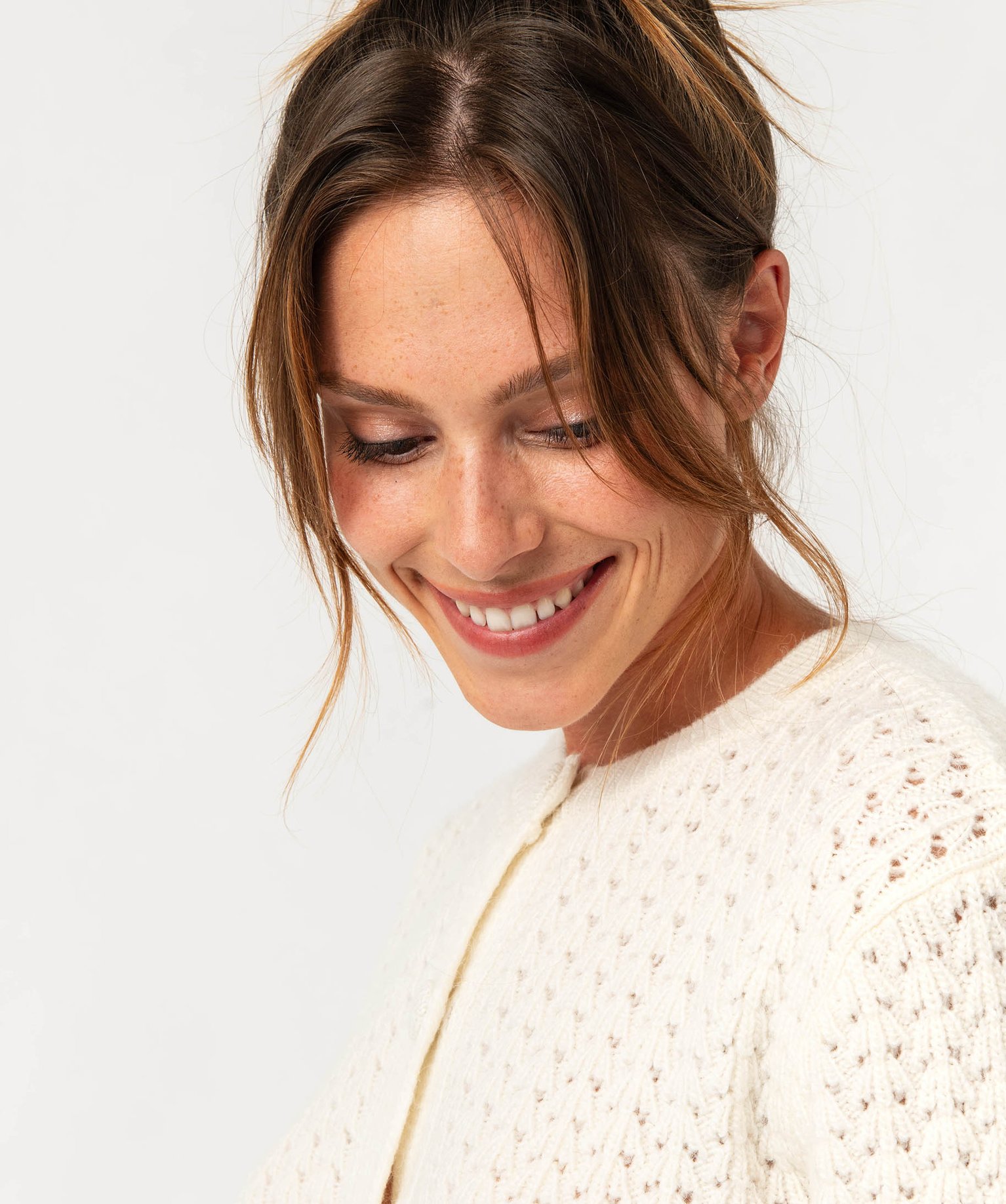 Gilet court en maille ajourée femme ecru | GEMO