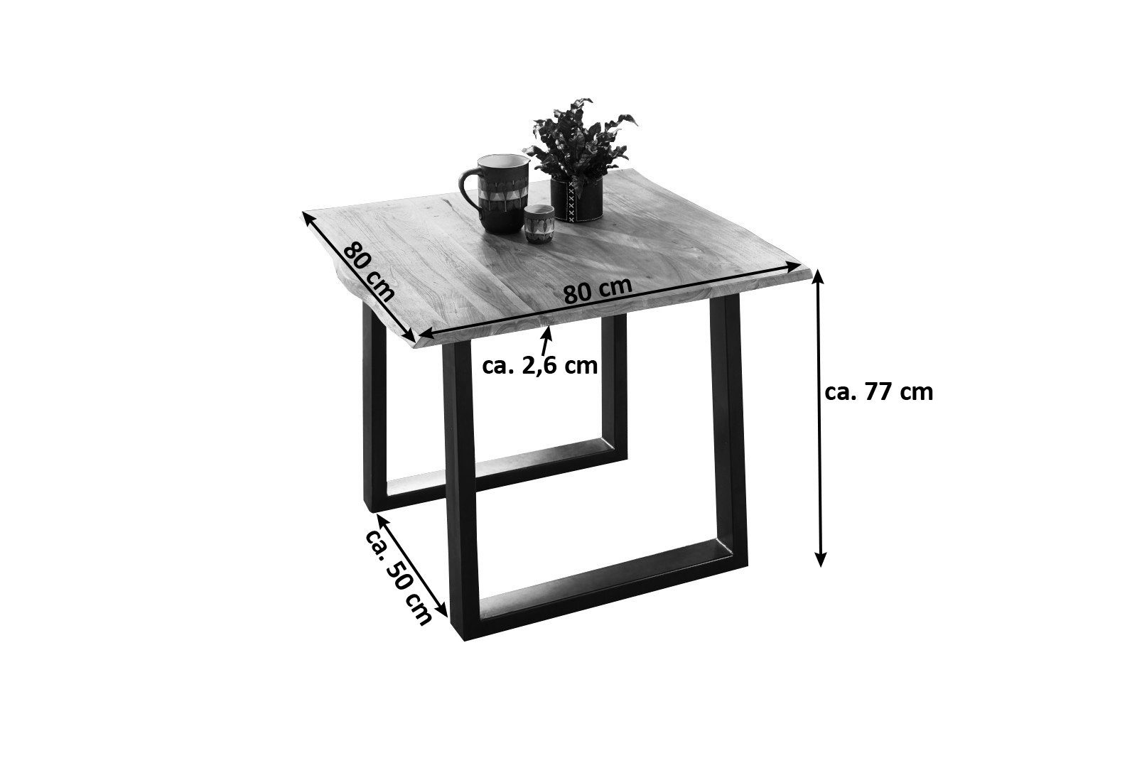 Junado® Baumkantentisch Mephisto, Akazienholz, Baumkante massiv, Metallgestell U-Form