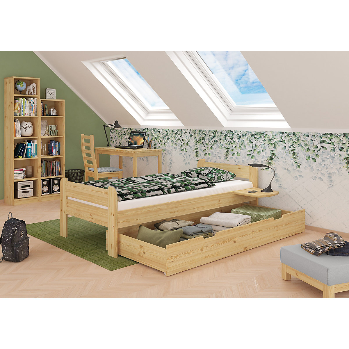Bettgestell Kiefer Massivholz 90x200 mit Kopf- und Fußteil