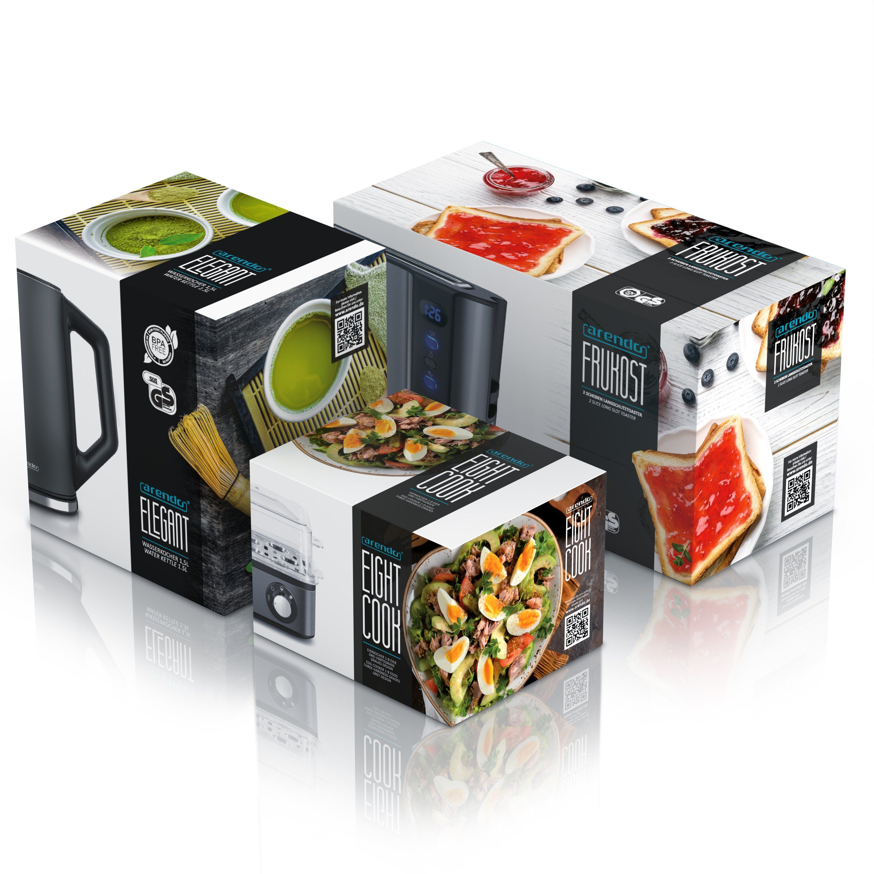 Arendo Frühstücks-Set (3-tlg), Wasserkocher 1,5l / Toaster / Eierkocher, Edelstahl, Grau