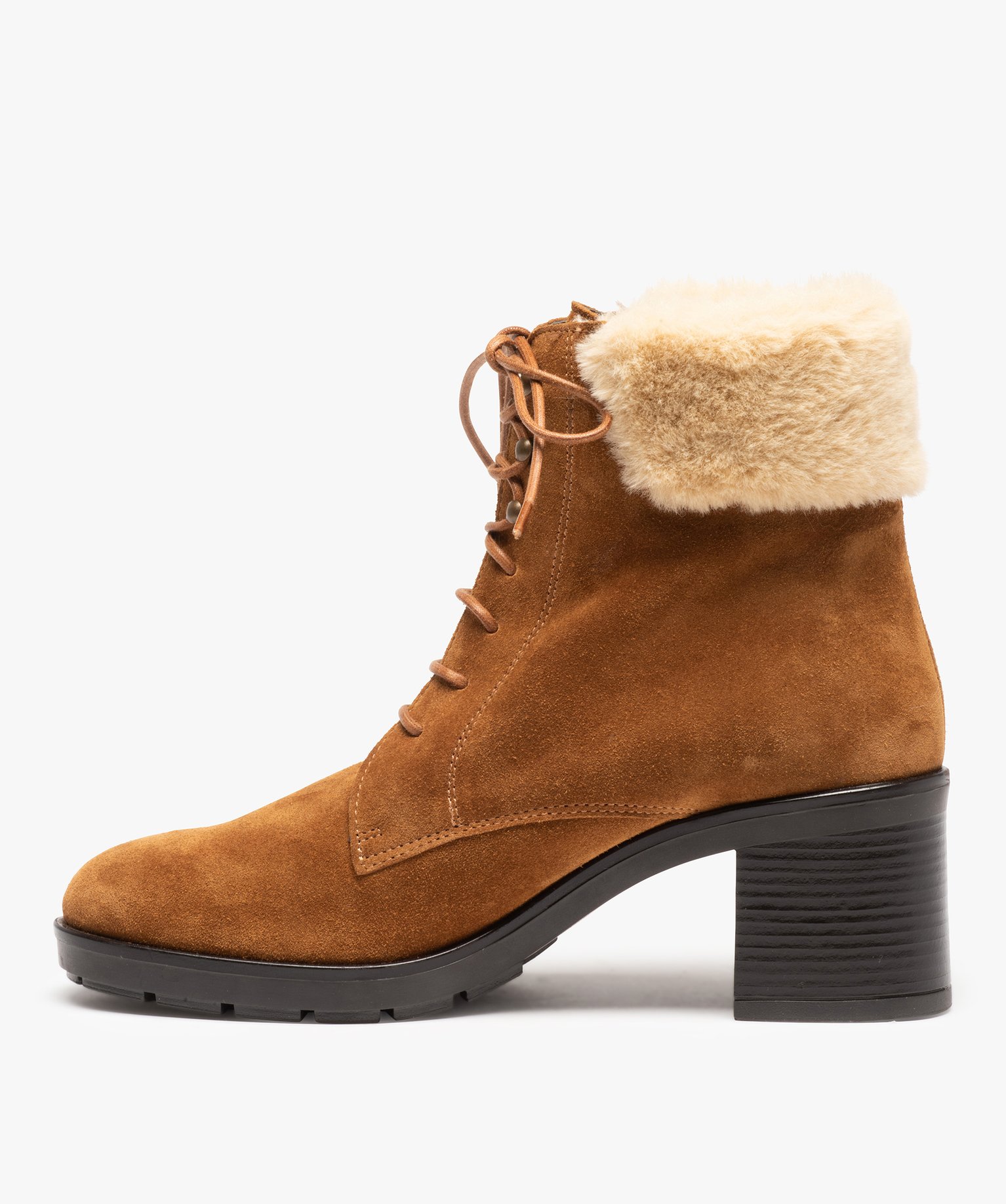 Bottines femme dessus cuir retourné col fourré – Tanéo camel | GEMO