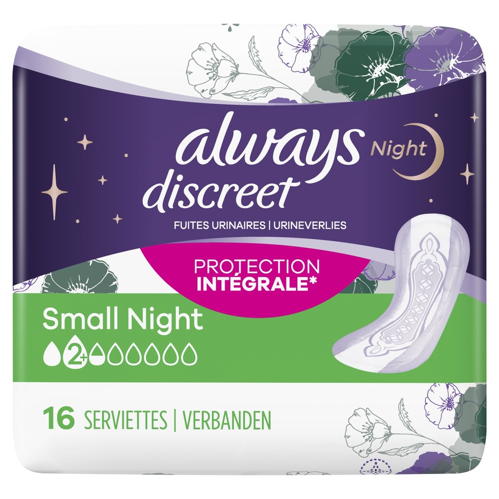 always Always Discreet Serviettes Pour Fuites Urinaires Small Night x16 Serviettes Pour Fuites Urinaires