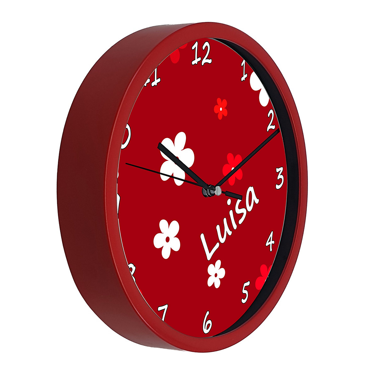 Kinder Wanduhr laufruhig personalisiert mit Name Blumen Rot