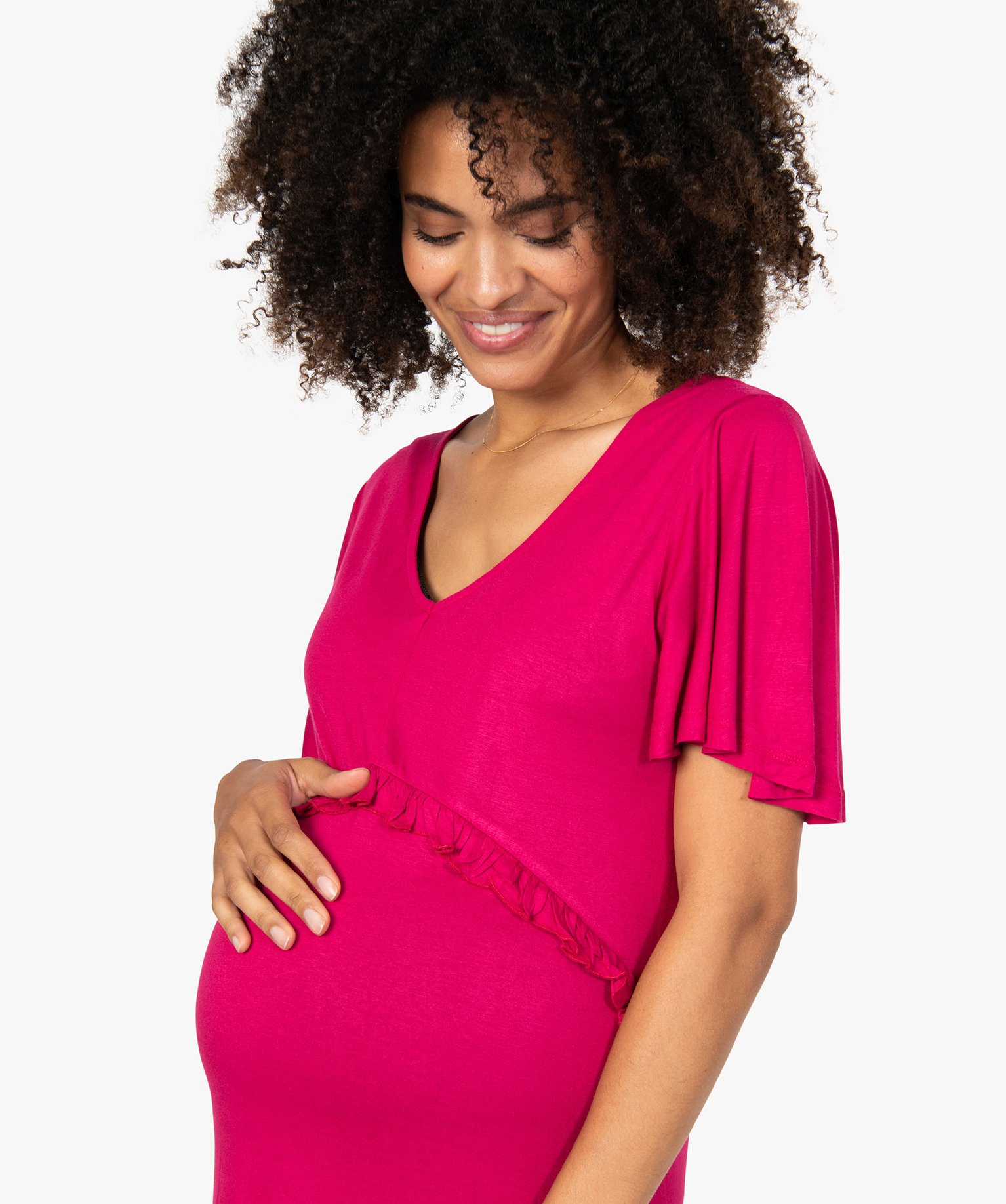 Robe de grossesse col V avec bande froncée rose | GEMO