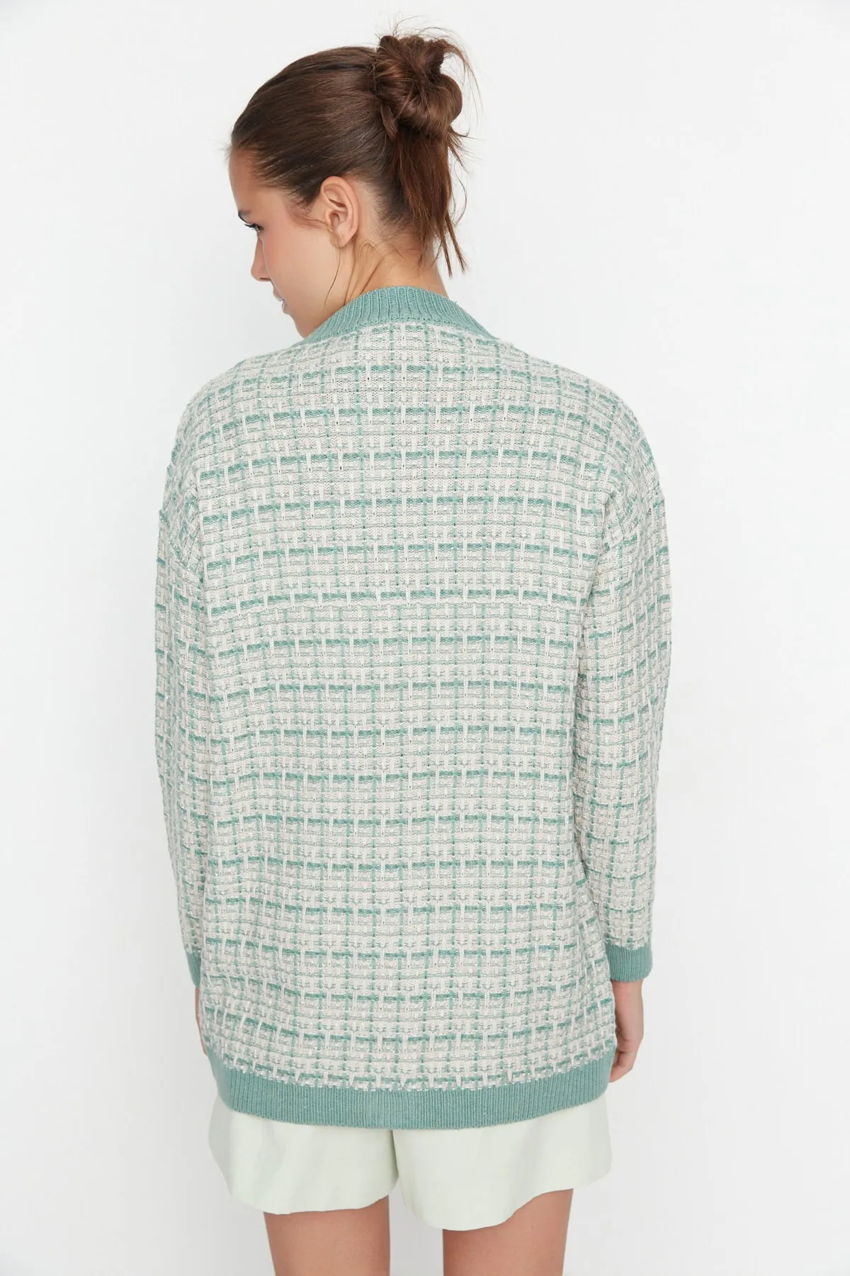 Trendyol Collection  Mintfarbene, weite Strickjacke in Tweed-Optik mit Glitzer TWOAW21HI0250