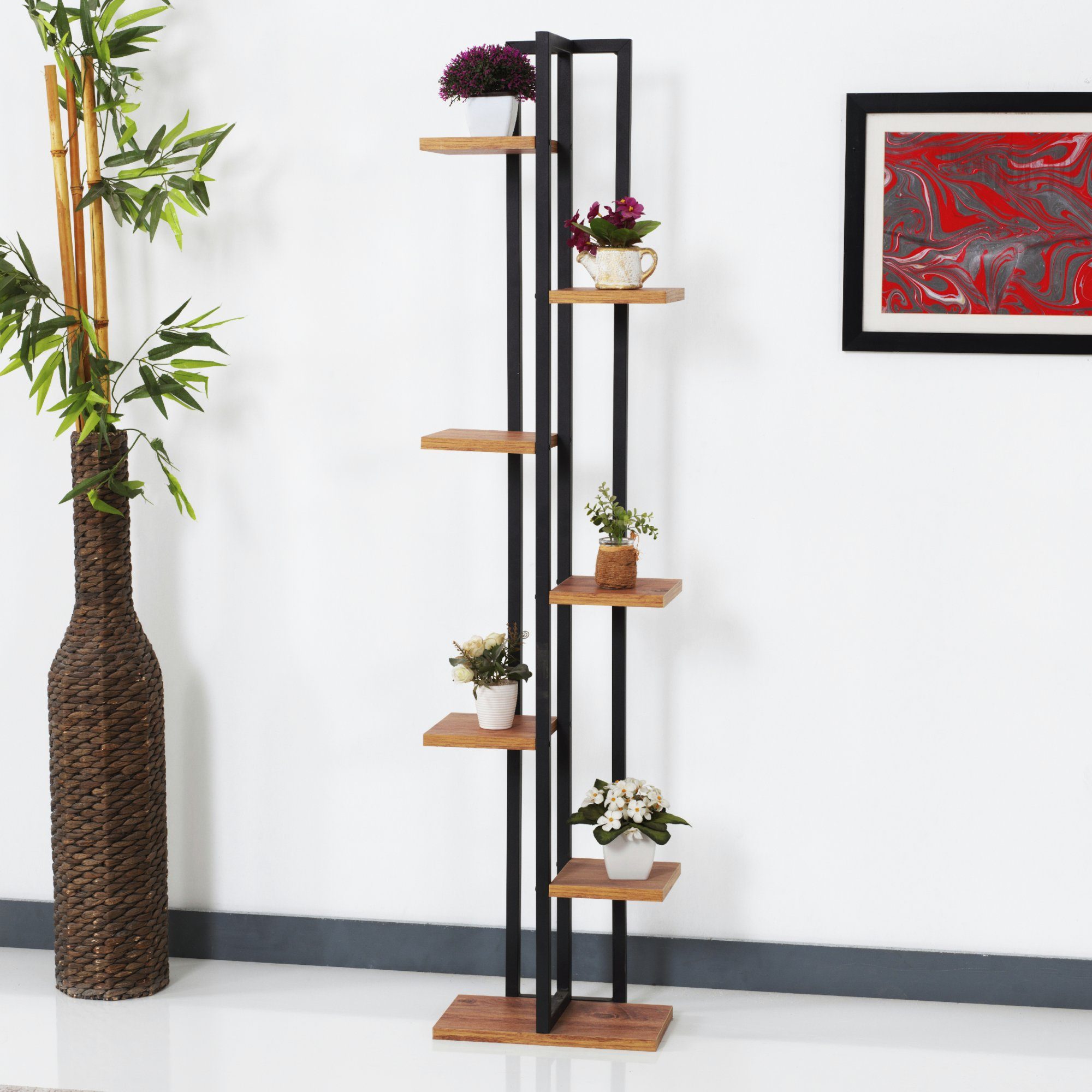 en.casa Blumenständer, Somero Pflanzenregal 150x34x21cm, Schwarz/Walnuss-Optik