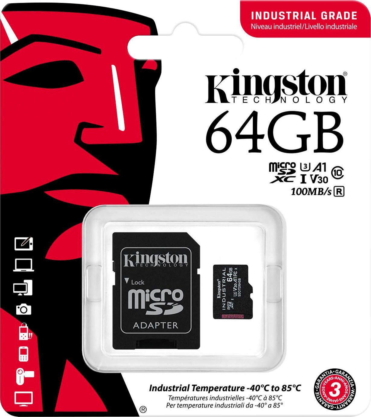 Kingston INDUSTRIAL microSD 64GB + SD Adapter Speicherkarte (64 GB, UHS-I Class 10, 100 MB/s Lesegeschwindigkeit)