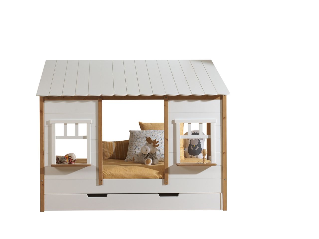 VIPACK Landhausbett mit Dach, Liegefläche 90 x 200 cm, inkl. Lattenrost und Bettschublade, Ausf. teilmassiv Kiefer, Farbe Oak/Weiß