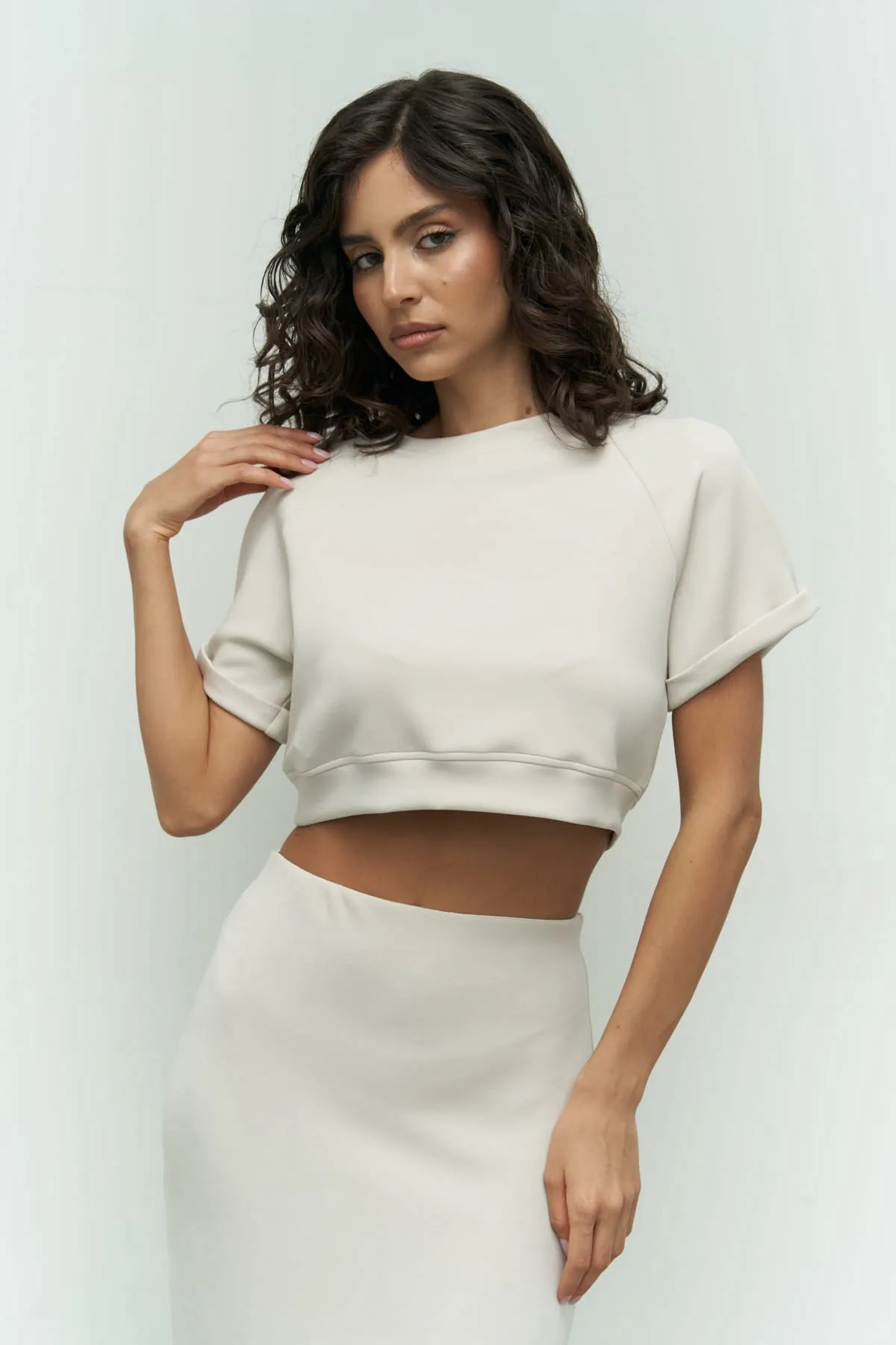 MAİ COLLECTİON  Paloma Beige Crop-Rock-Set